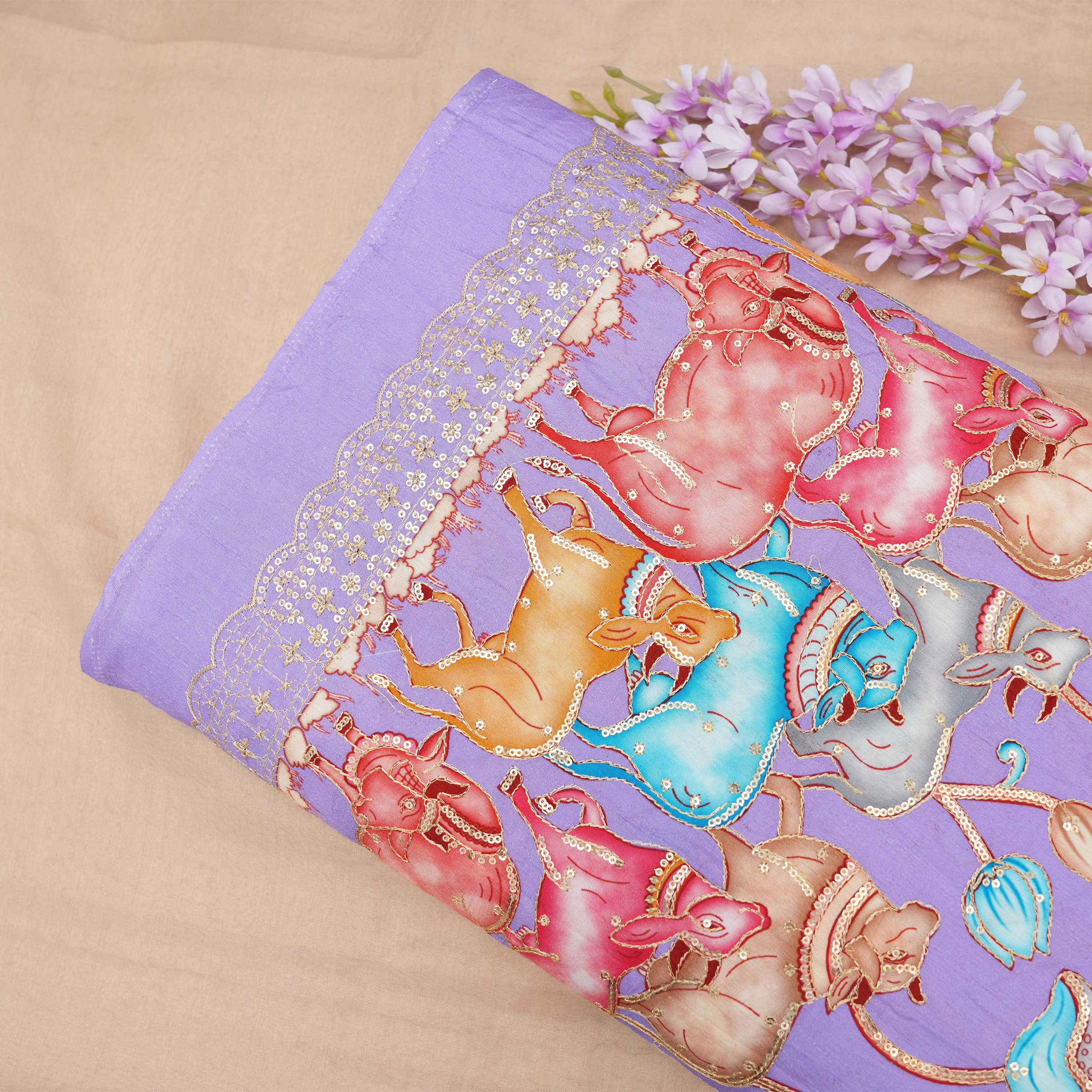 Periwinkle Purple Colourful Pichwai On Printed Silk Fabric