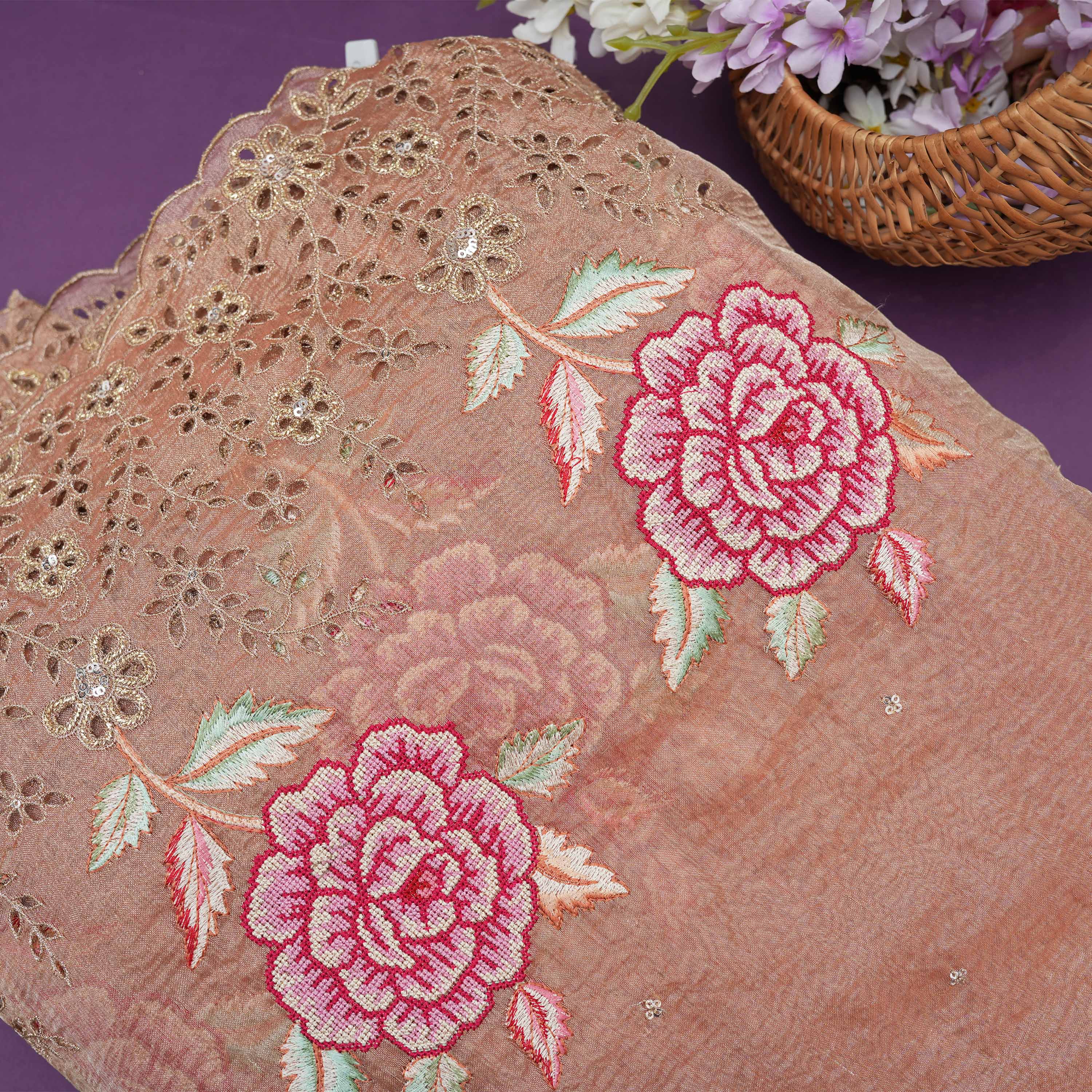 Brownish Pink Floral Threadwork With Hool Bordered Tissue Fabric