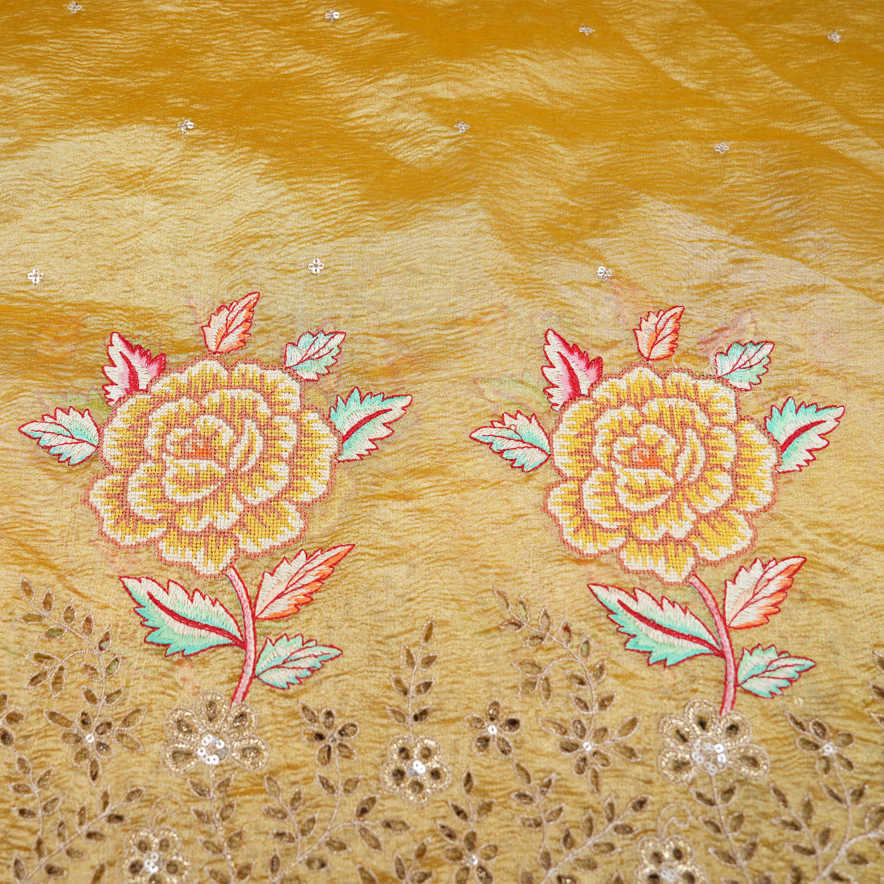 Hunyadi Yellow Thread Work With Hool Bordered Tissue Fabric