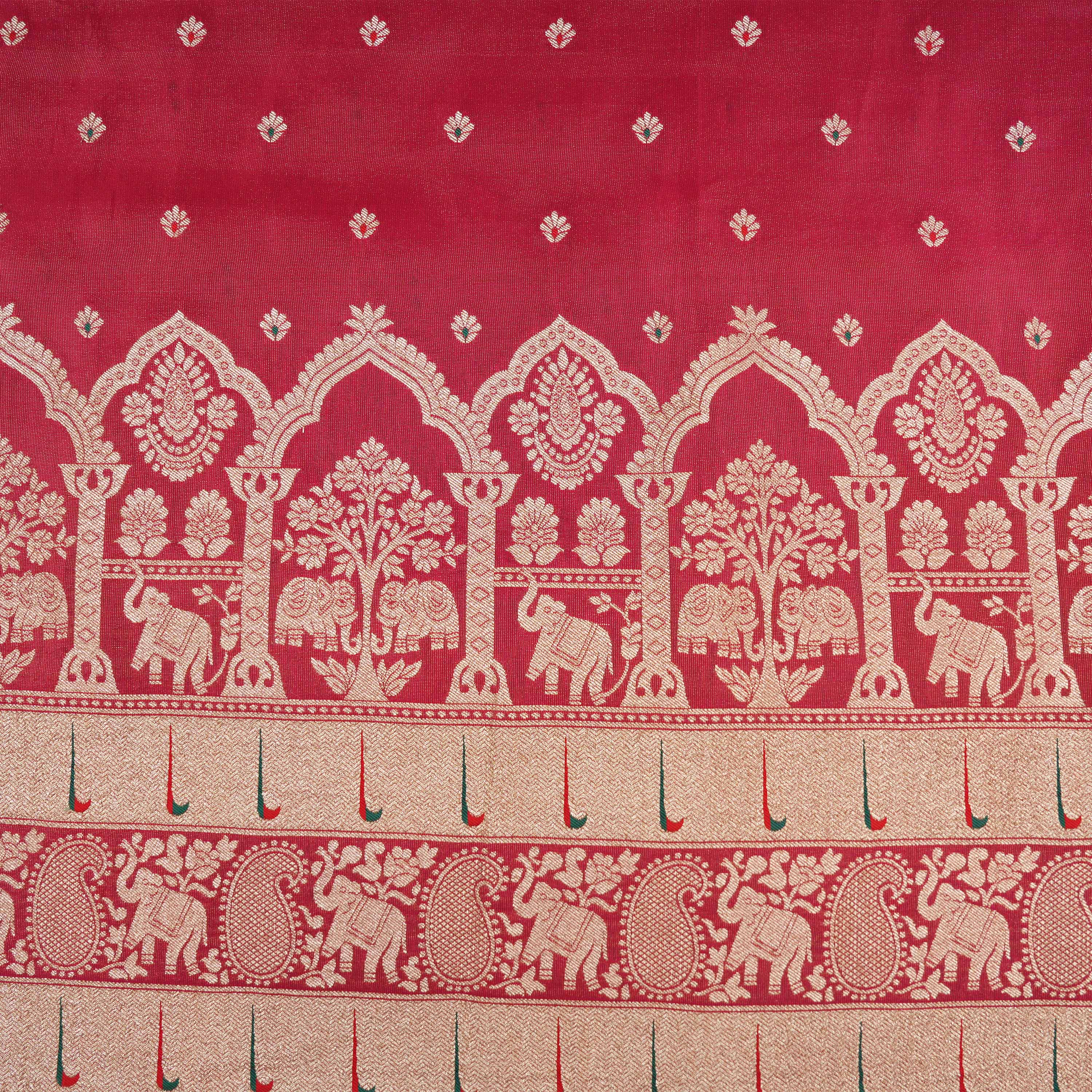 Cardinal Pink Paithani Mughal Motif Tissue Fabric