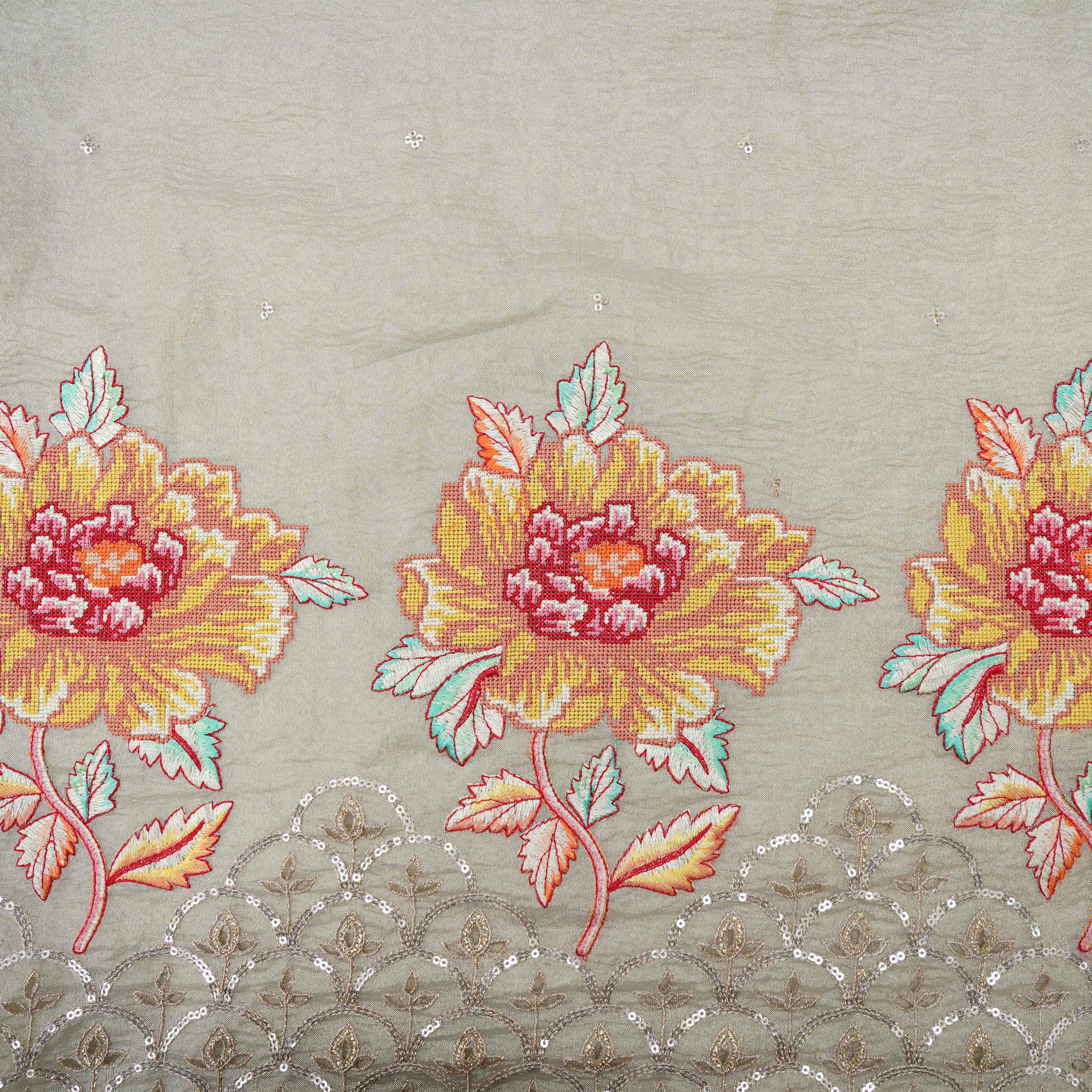 Pale Gray Embroidery With Sequins And Floral Highlights Tissue Fabric