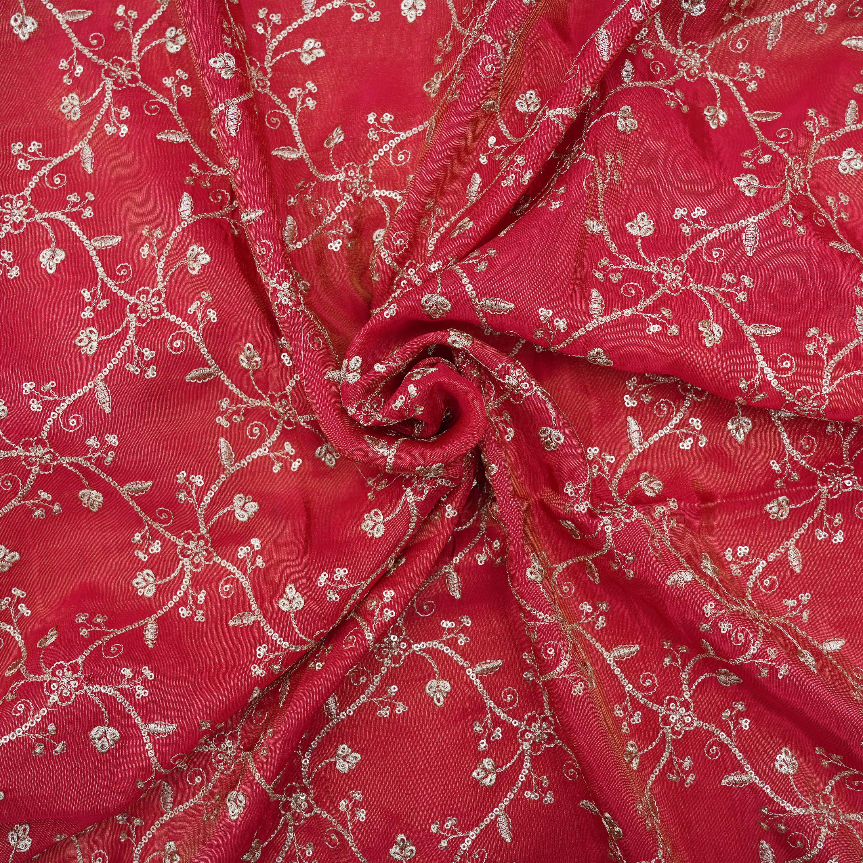 Crimson Red Zari And Sequin Work Tissue Fabric