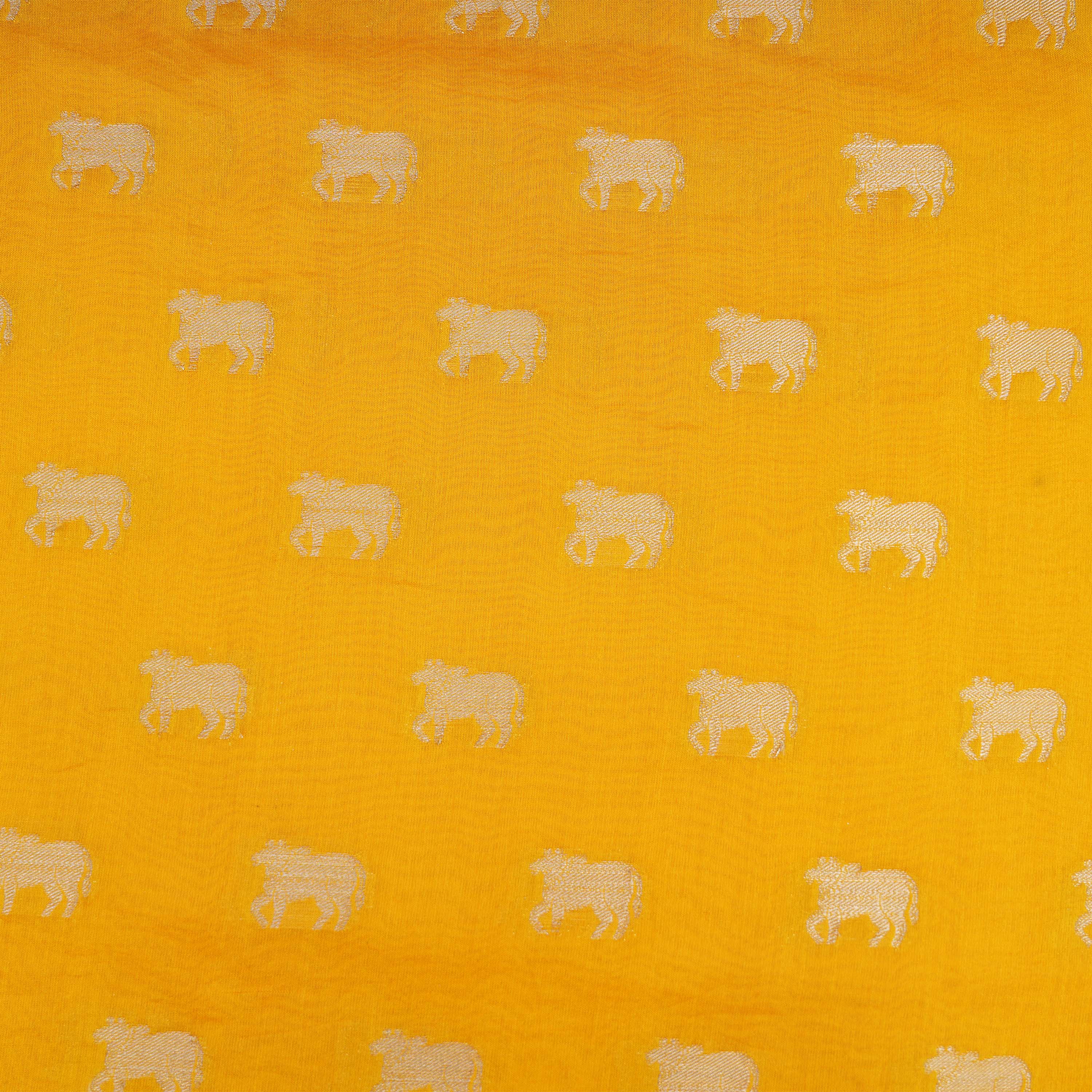 Chinese Yellow With Kamdhenu Motifs On Silk Fabric