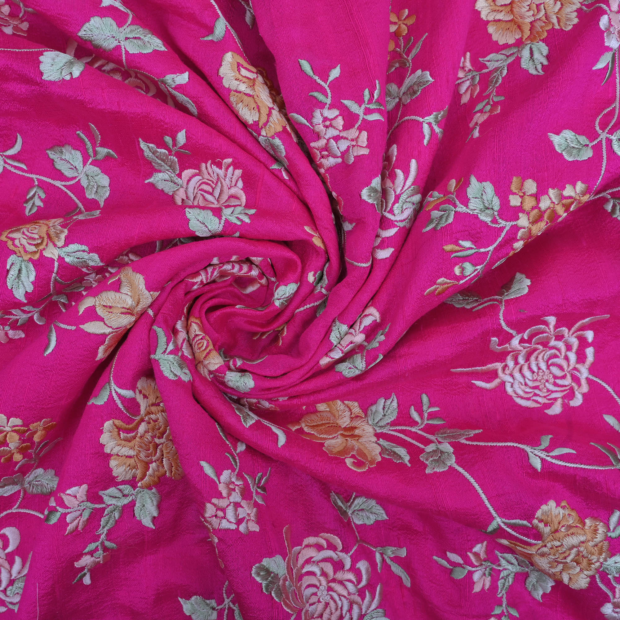 Neon Pink Embroidered Raw Silk Fabric