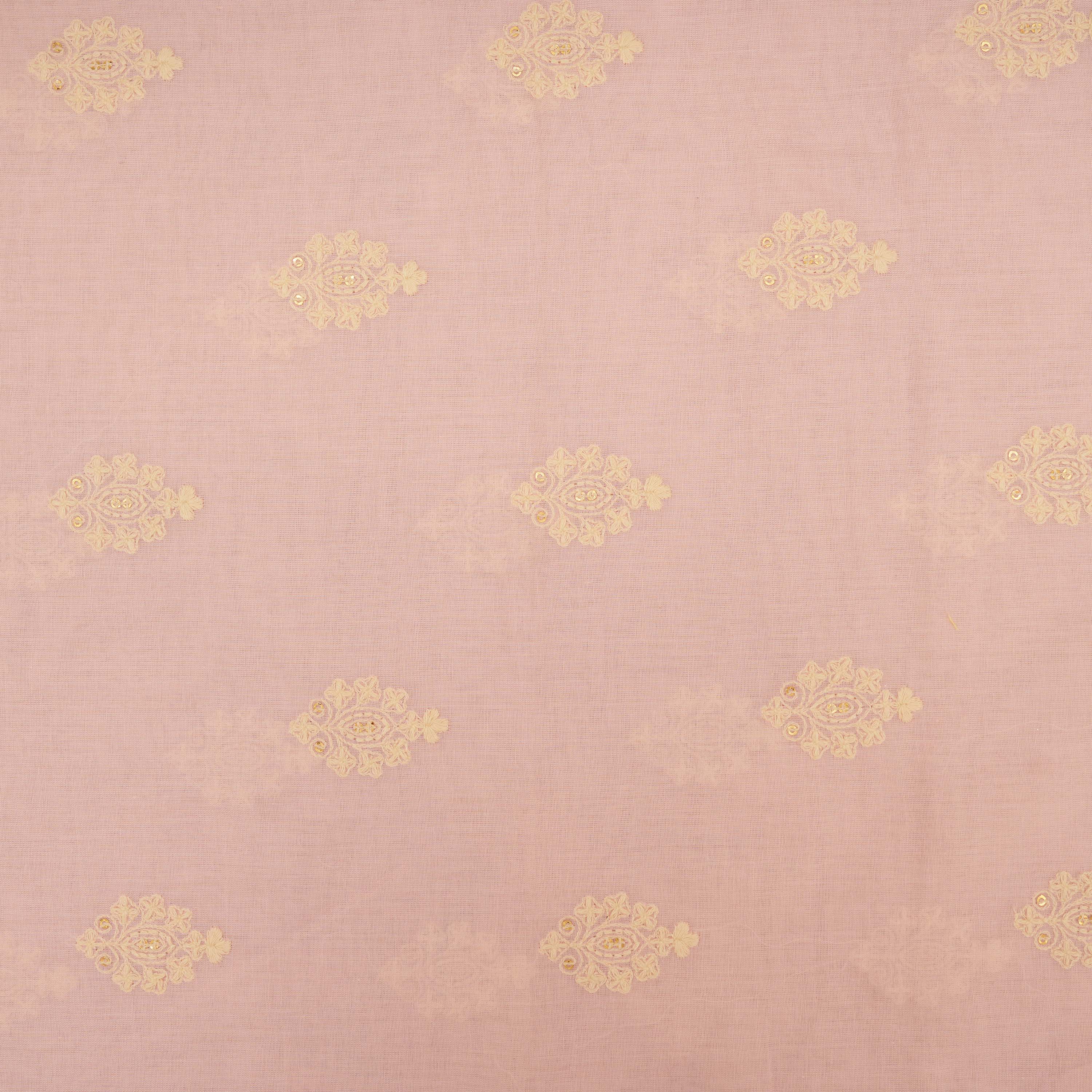 Pale Pink Floral Embroidered On Cotton Fabric