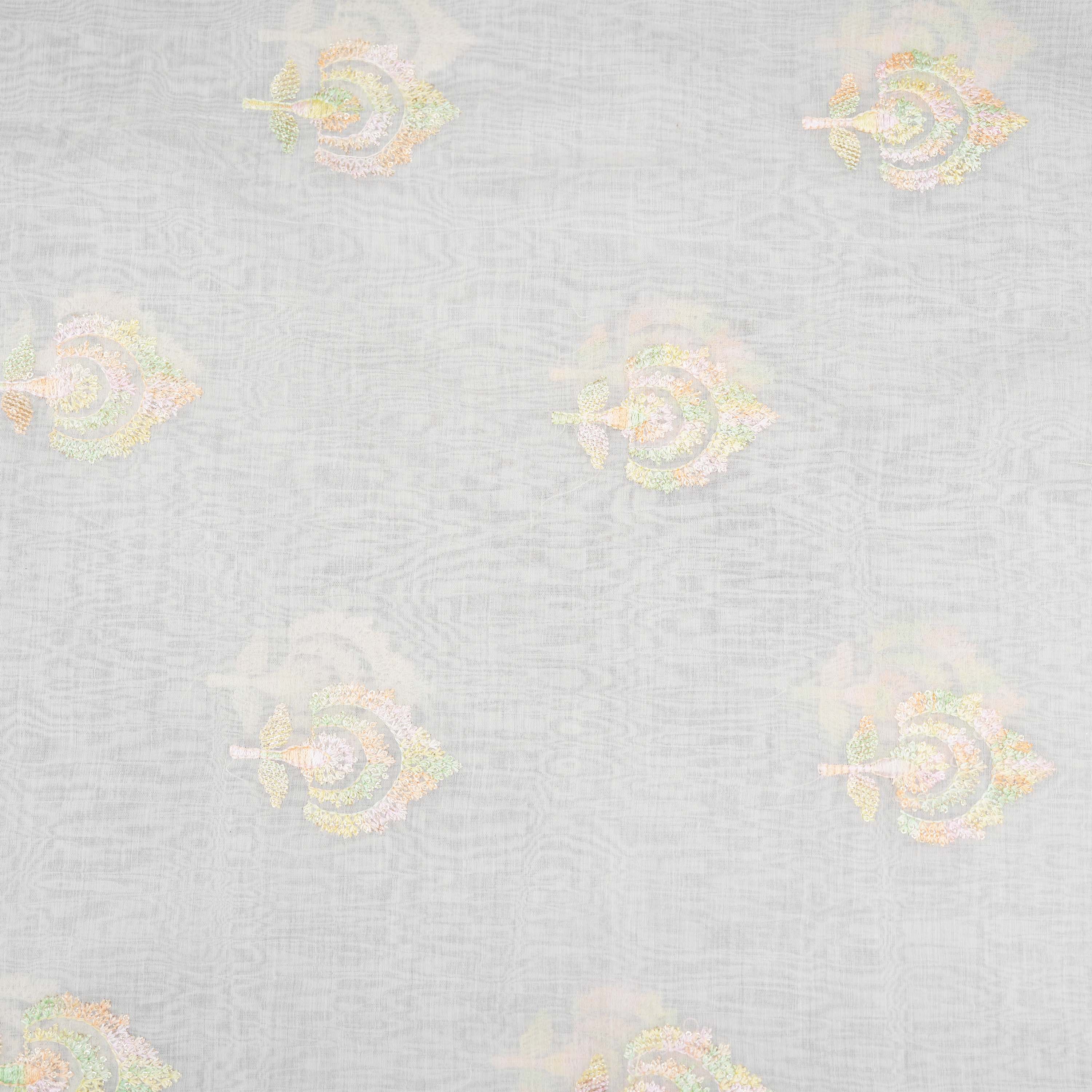 Pale White Floral Buttas Embroidered On Chanderi Fabric