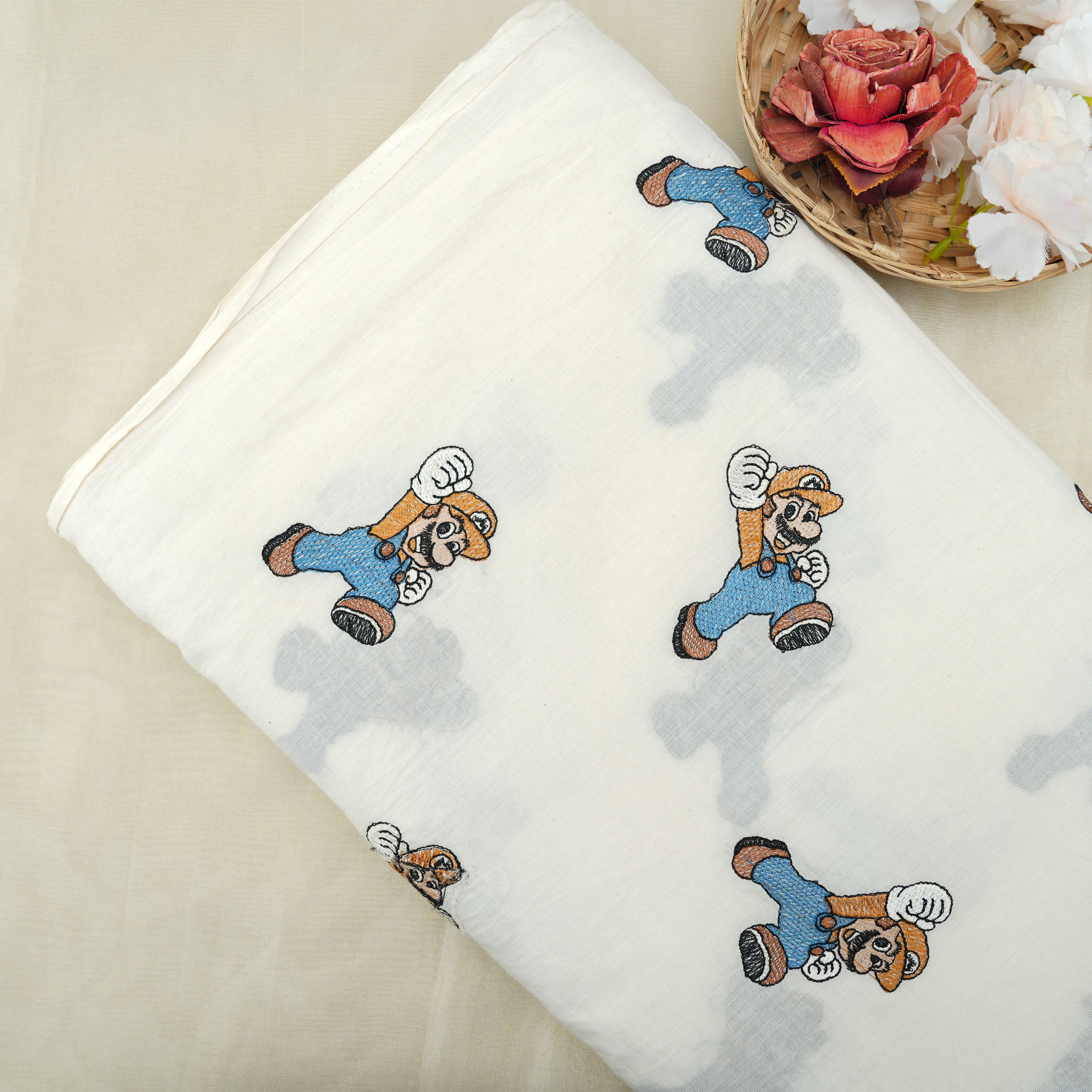 Cream White Mario Figure Embroidered Cotton Fabric