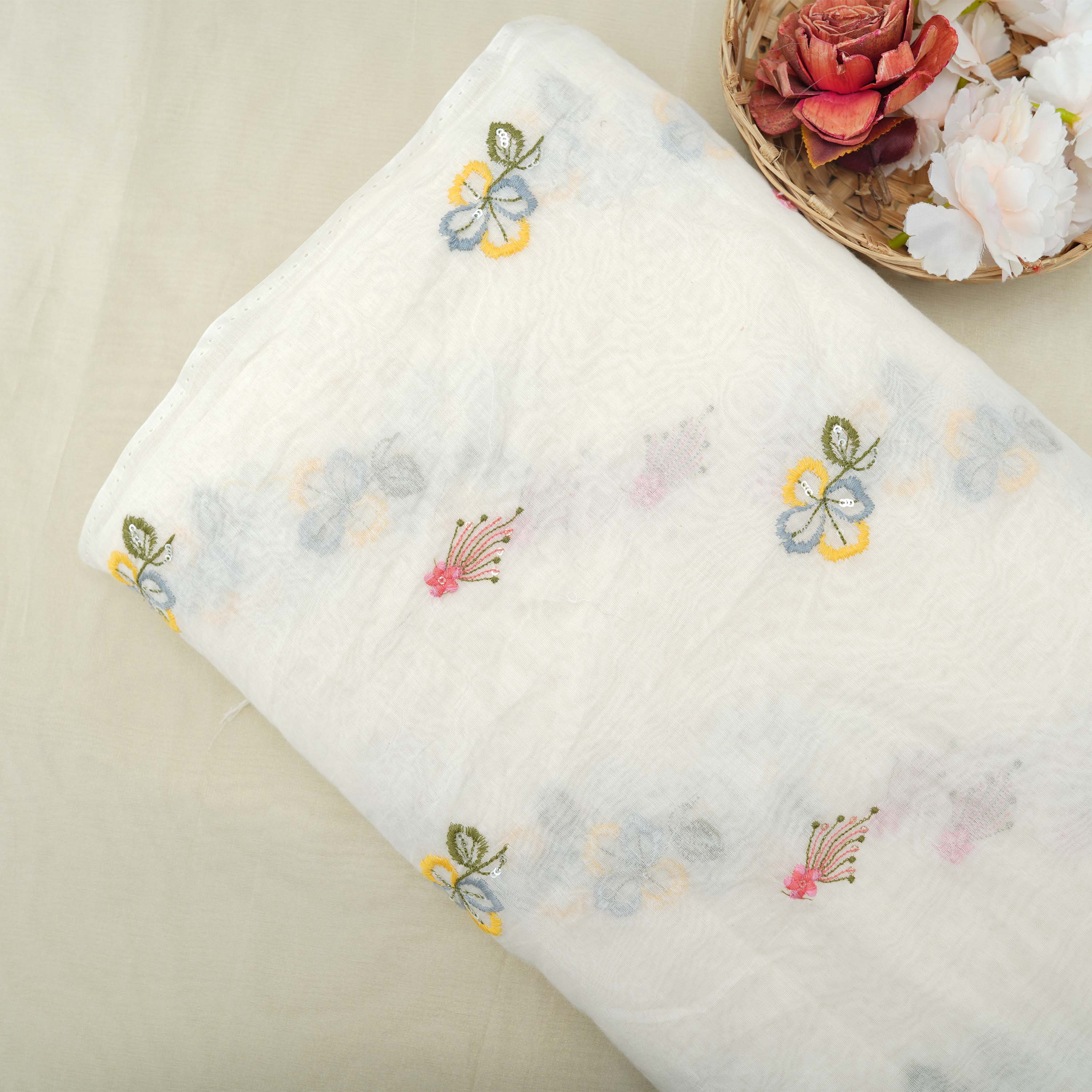 Smoke White Multicolor Floral Embroidered Cotton Fabric