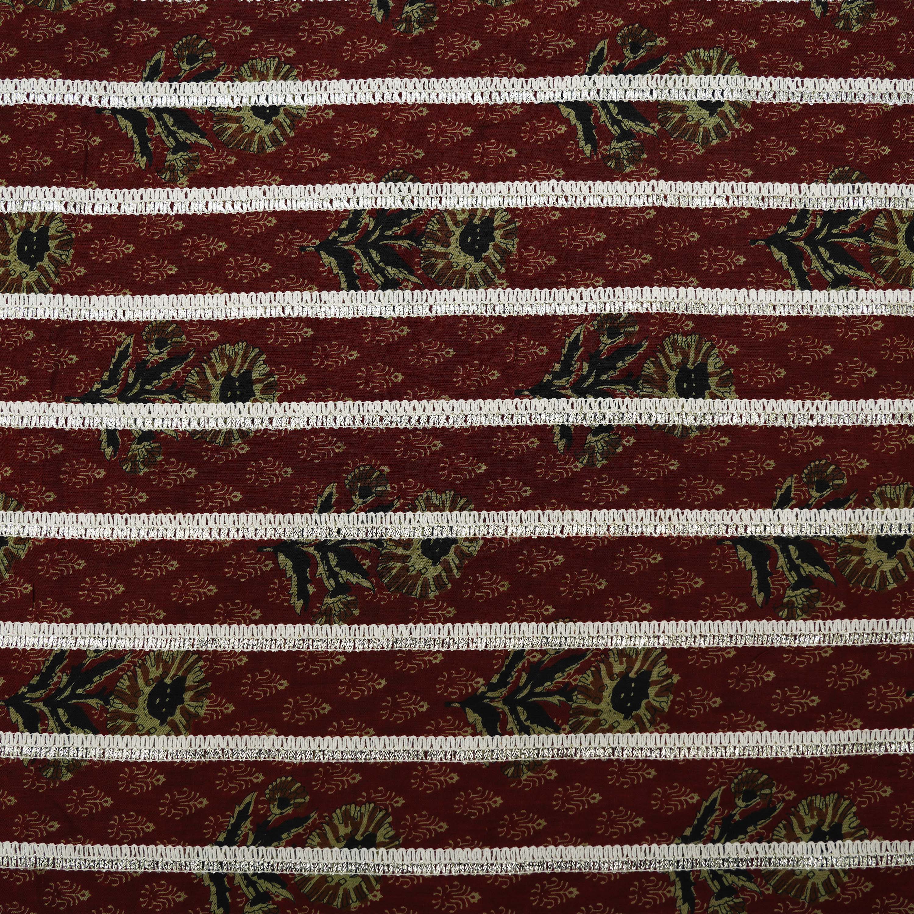 Cocoa Bean Brown Zari Embroidered Stripes Cotton Fabric