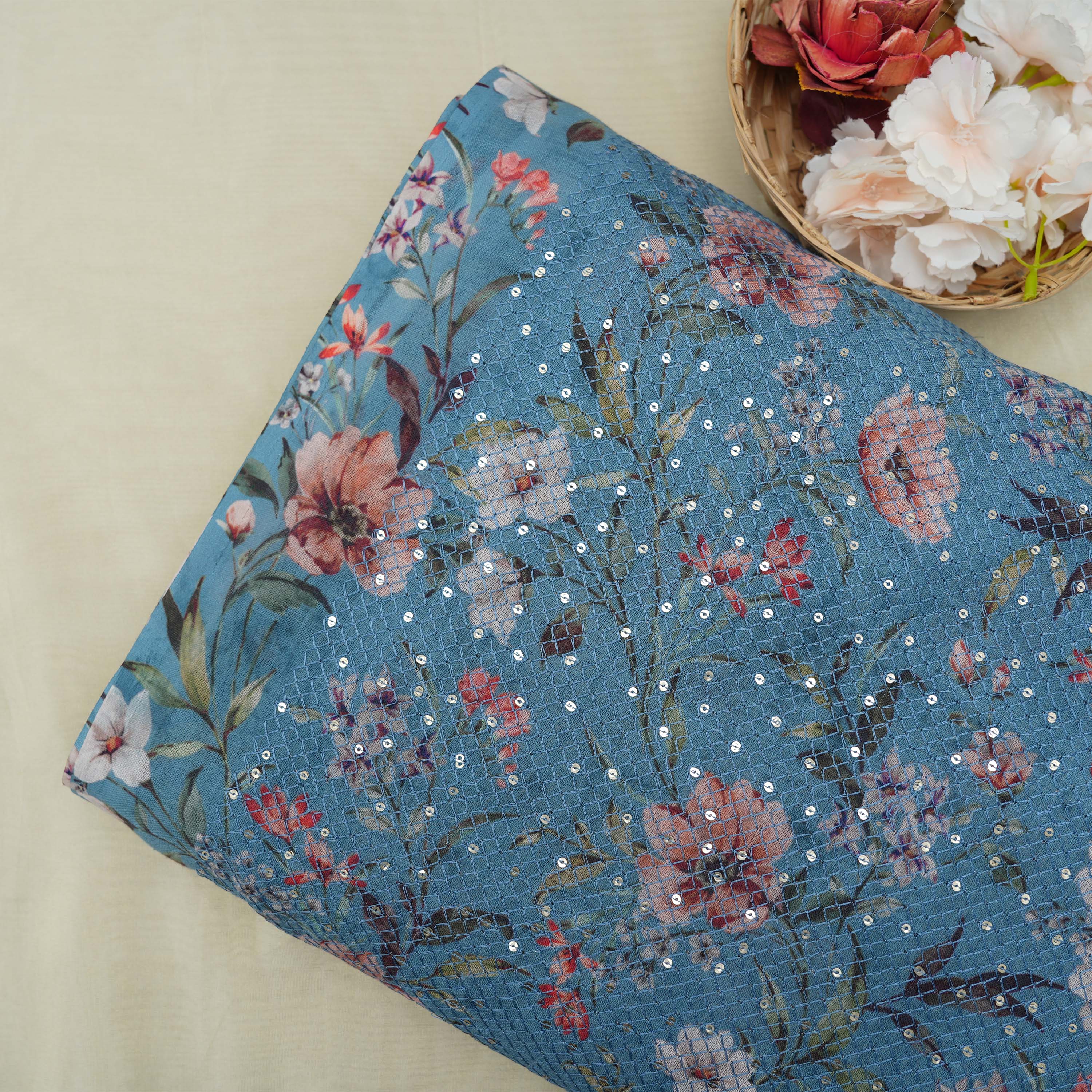 Blue Gray Floral Printed Embroidered Checks Linen Fabric