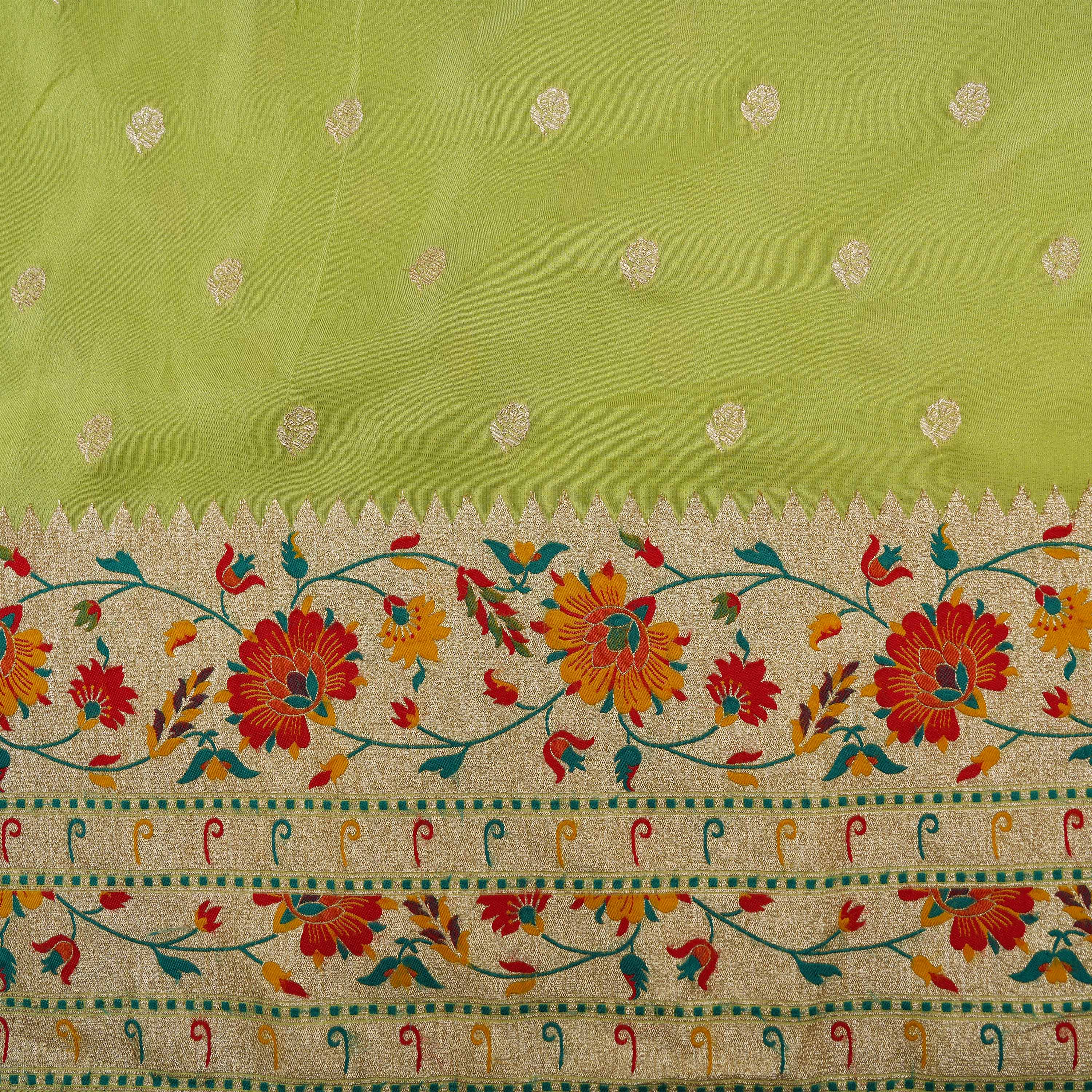 Wasabi Green Floral Buttis With Floral Jaal Border Tissue Fabric