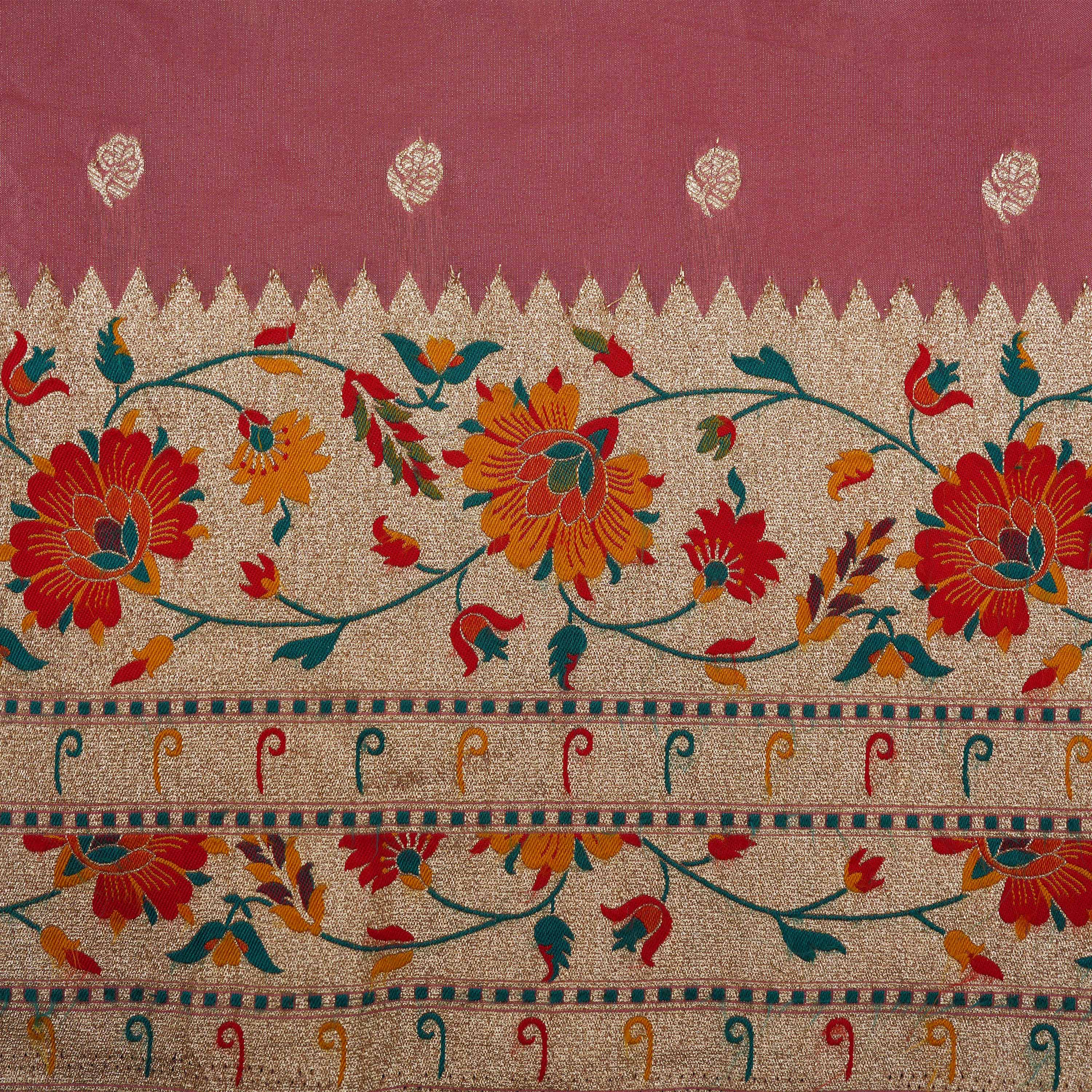 Cordovan Pink Floral Buttis With Floral Jaal Border Tissue Fabric