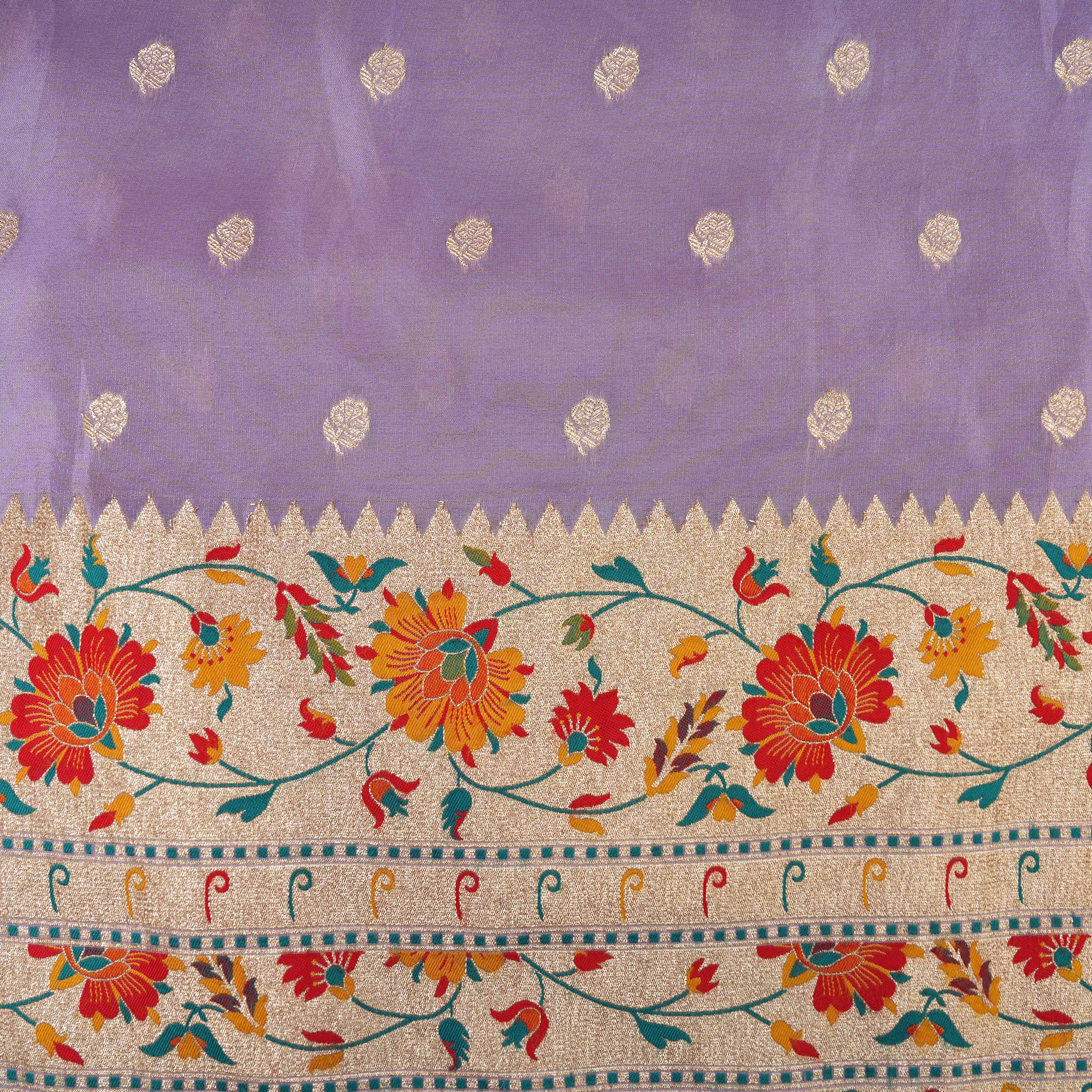 Lavender Multicolor Floral Bordered Jamawar Silk Fabric