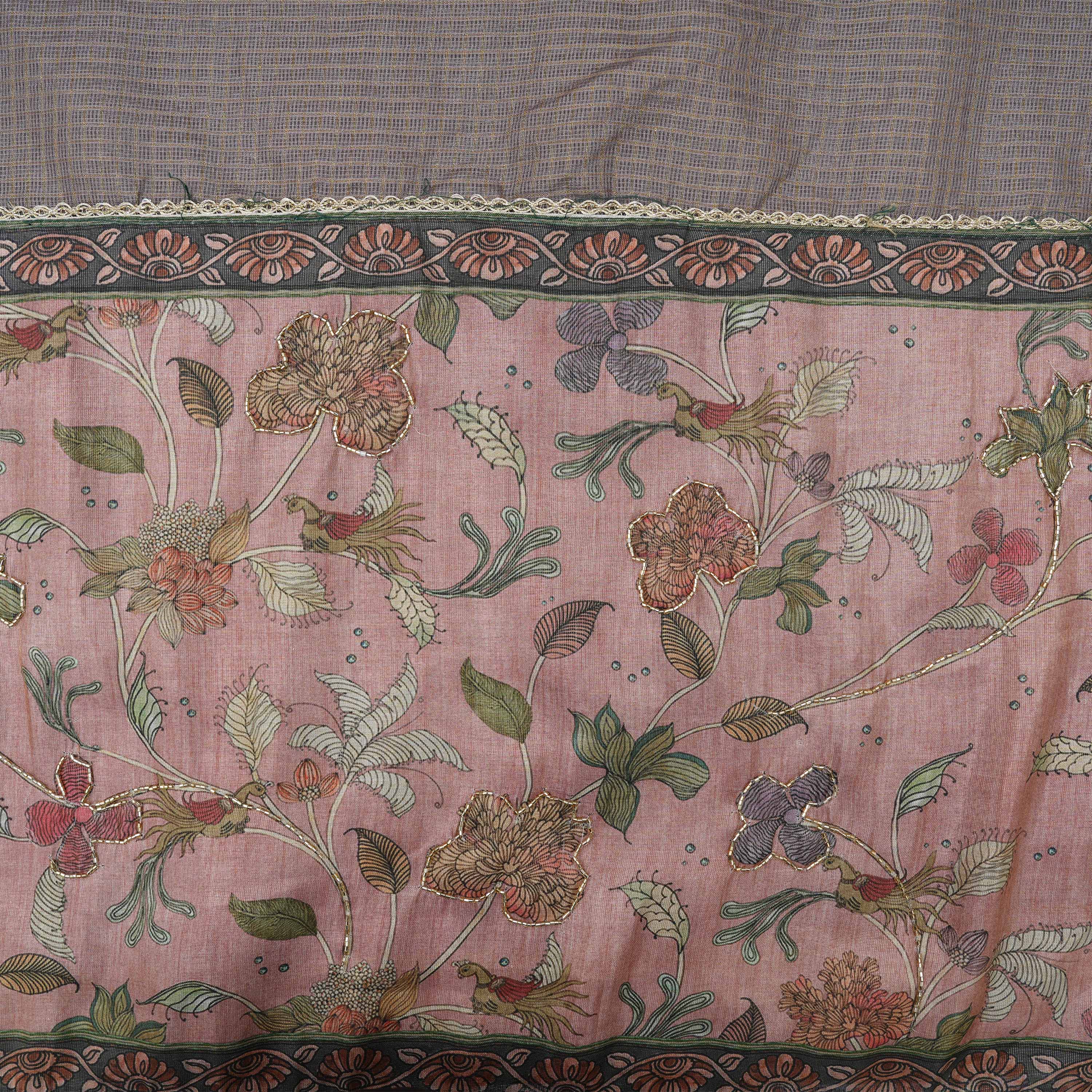 Sandstone Brown Checks And Floral Contrast Border Kota Fabric