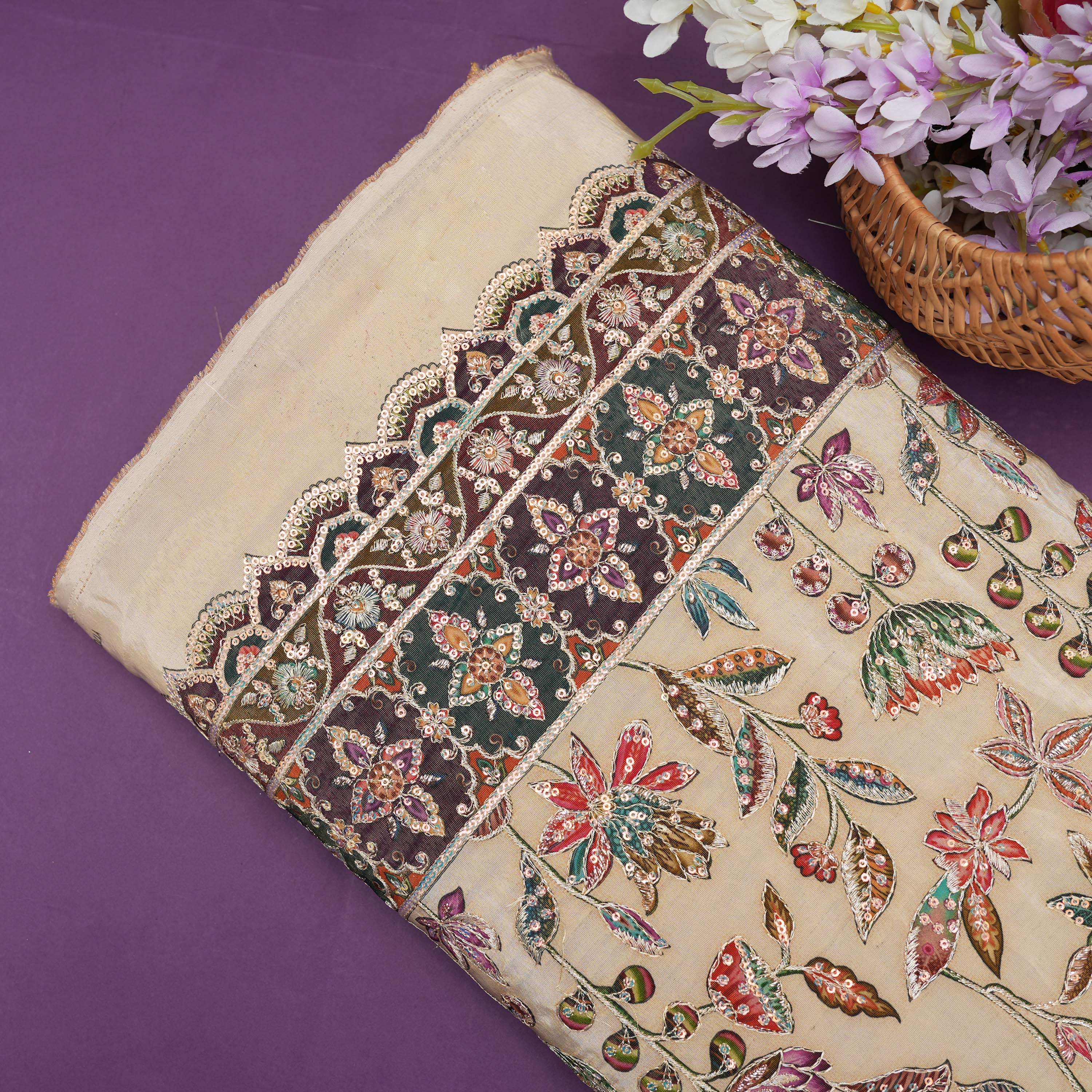 Beige Multicolor Floral Tissue With Sequin Embroidery