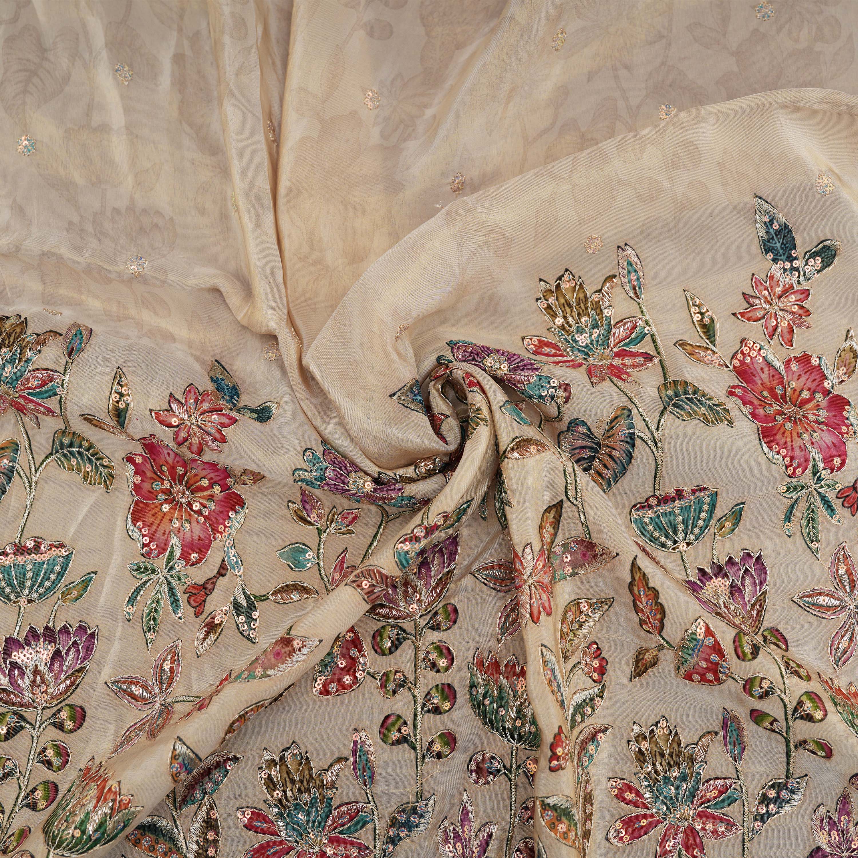 Beige Multicolor Floral Tissue With Sequin Embroidery