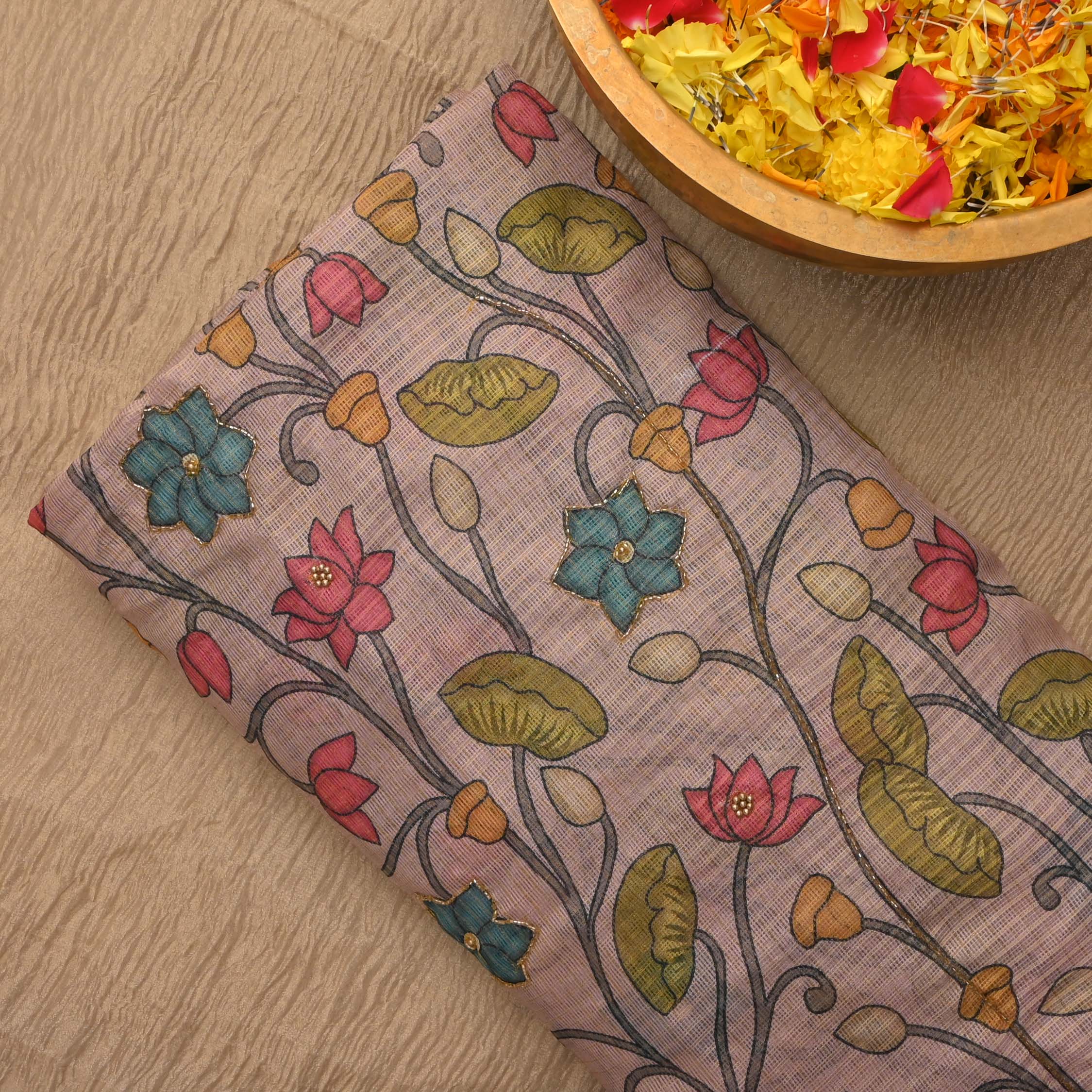 Oyster Pink Printed Kota Fabric With Embroidery