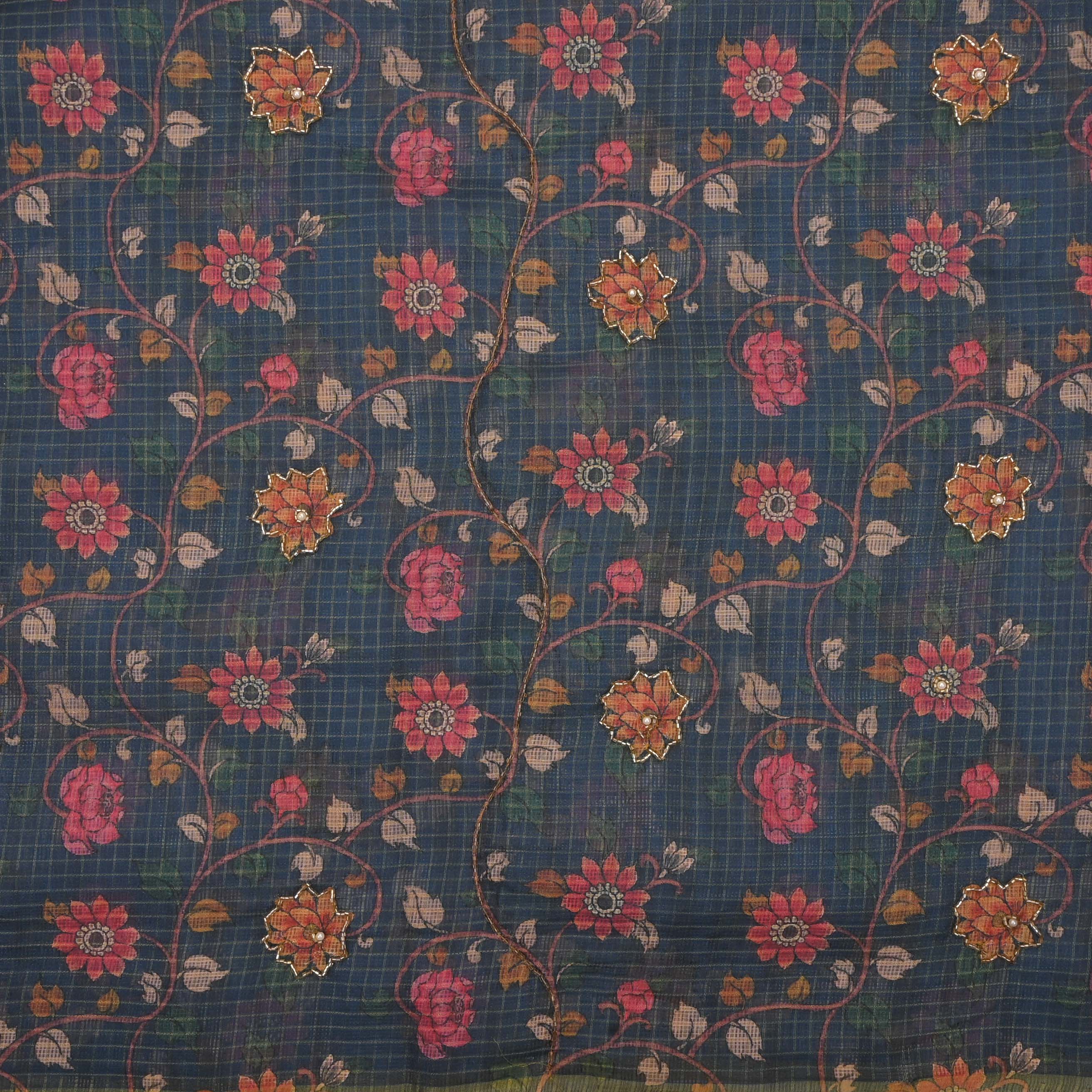 Aegean Blue Printed Kota Fabric With Embroidery