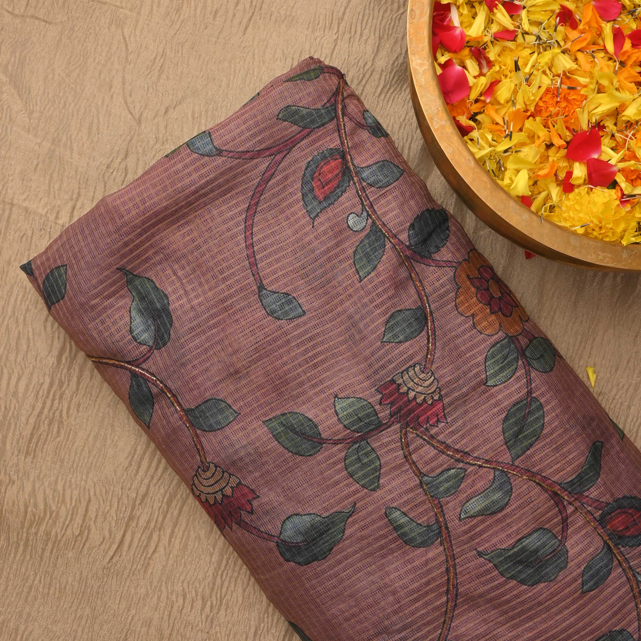 Rose Taupe Printed Kota Fabric With Embroidery