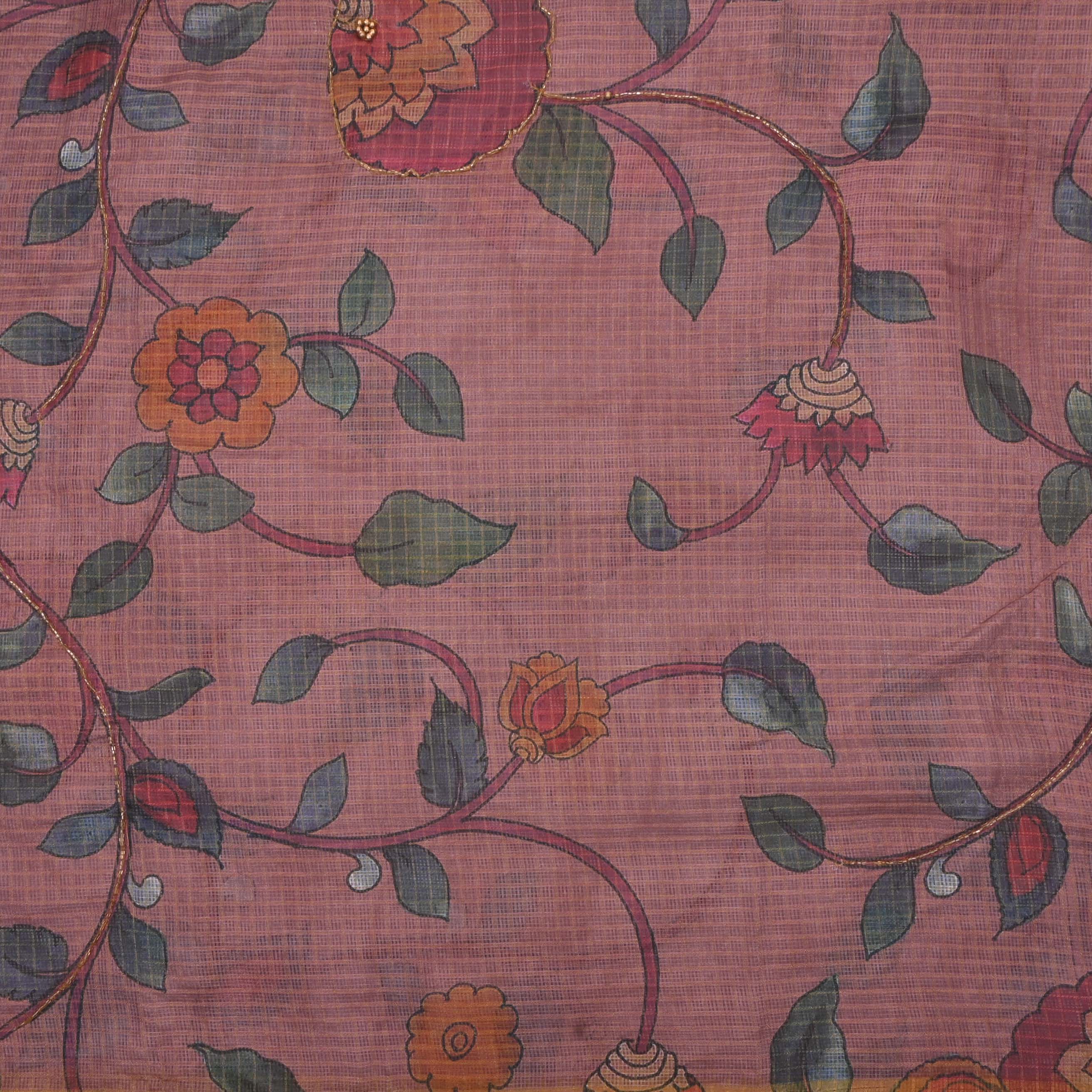 Rose Taupe Printed Kota Fabric With Embroidery