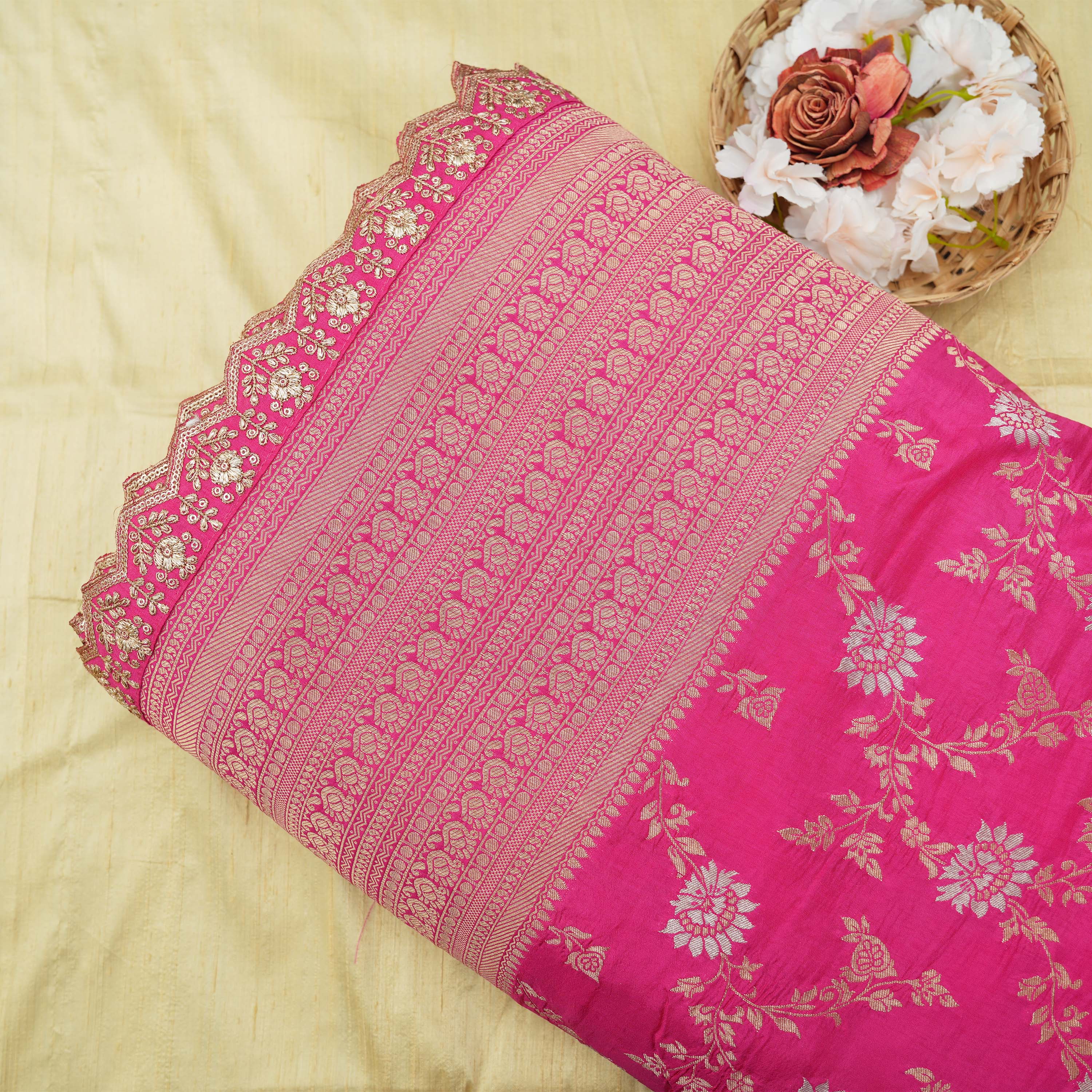 Burnt Pink Floral Jaal Scalloped Border Banarasi Silk Fabric