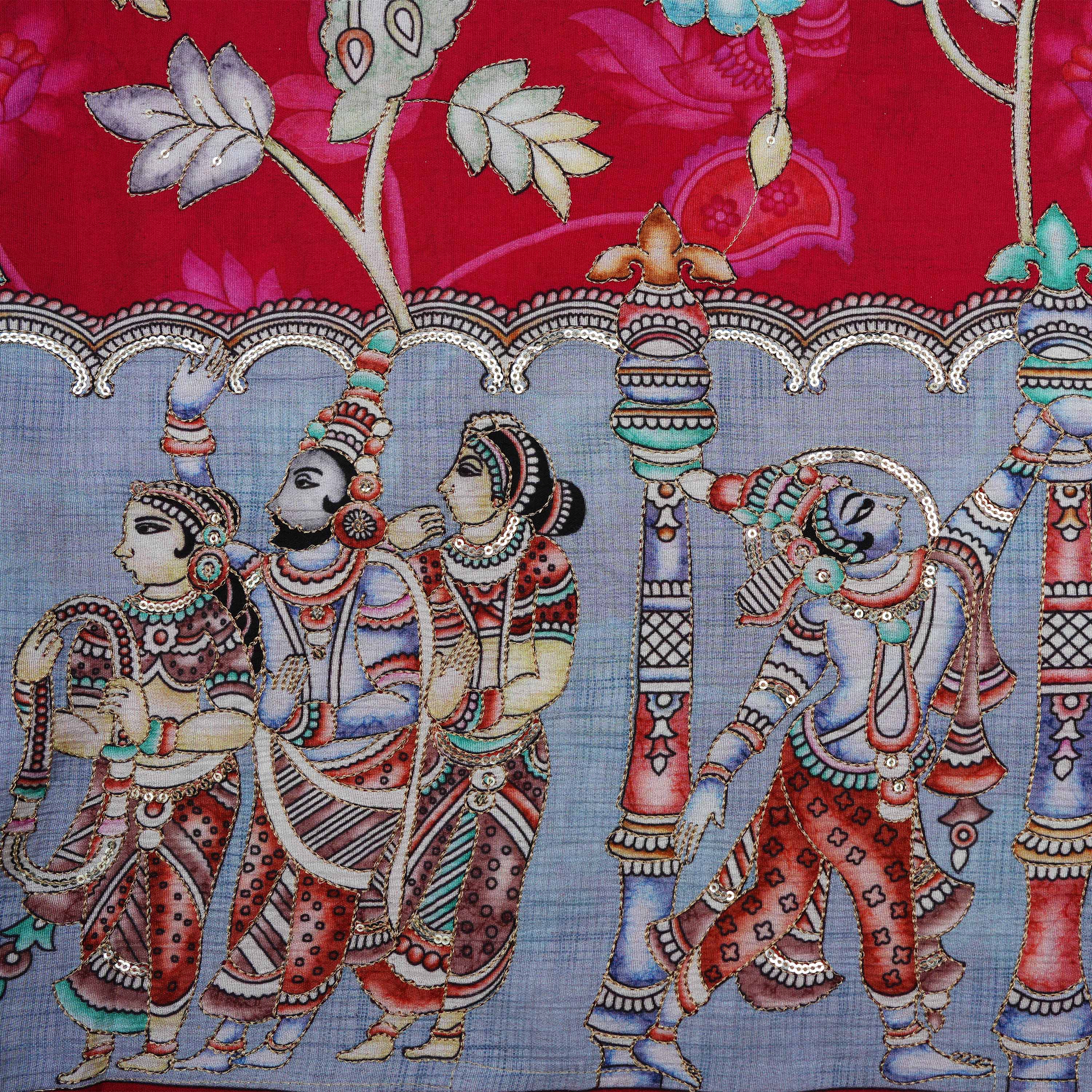 Cornell Red Indian Mythology Kalamkari Printed Tissue Fabric