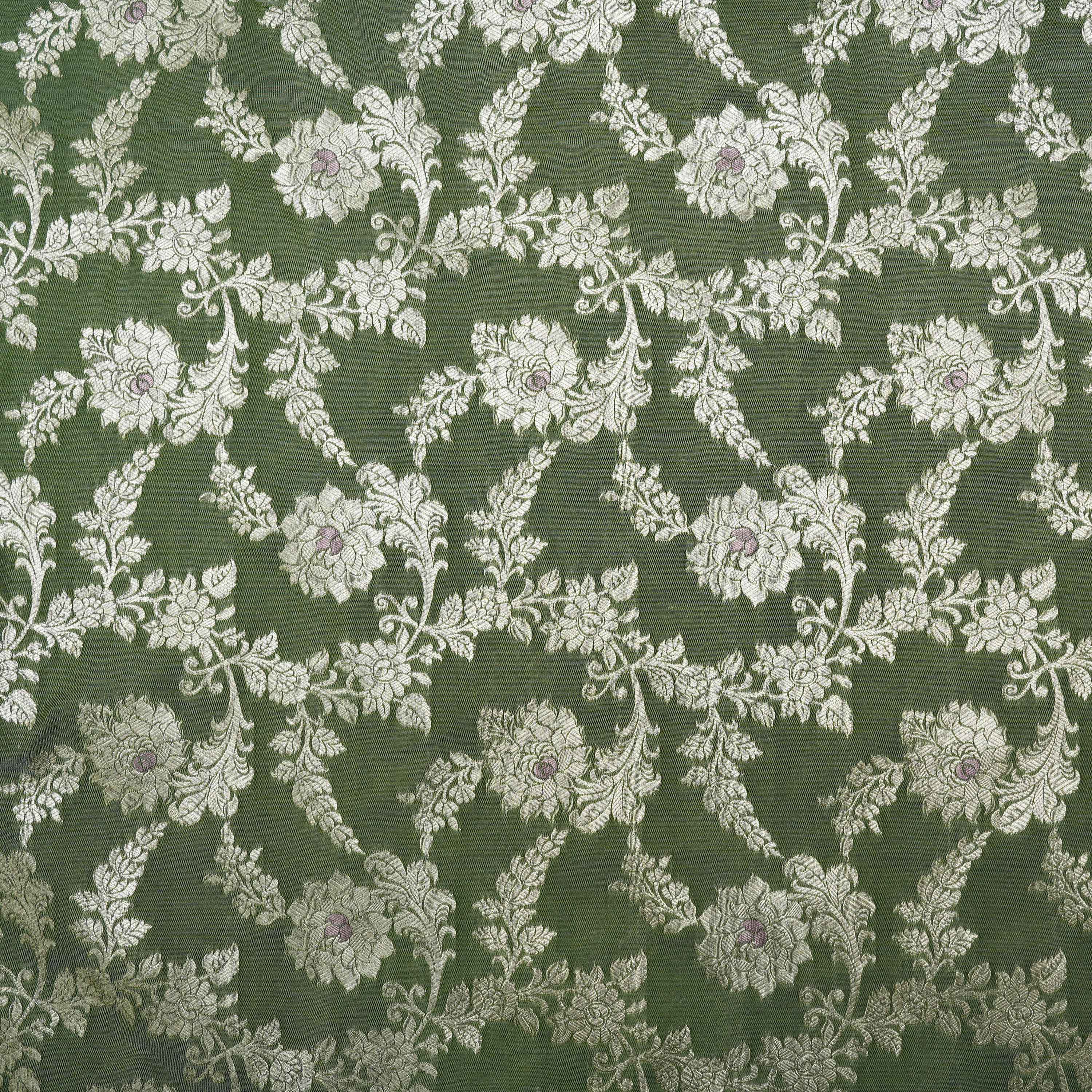 Hemlock Green Floral Jaal Banarasi Silk Fabric