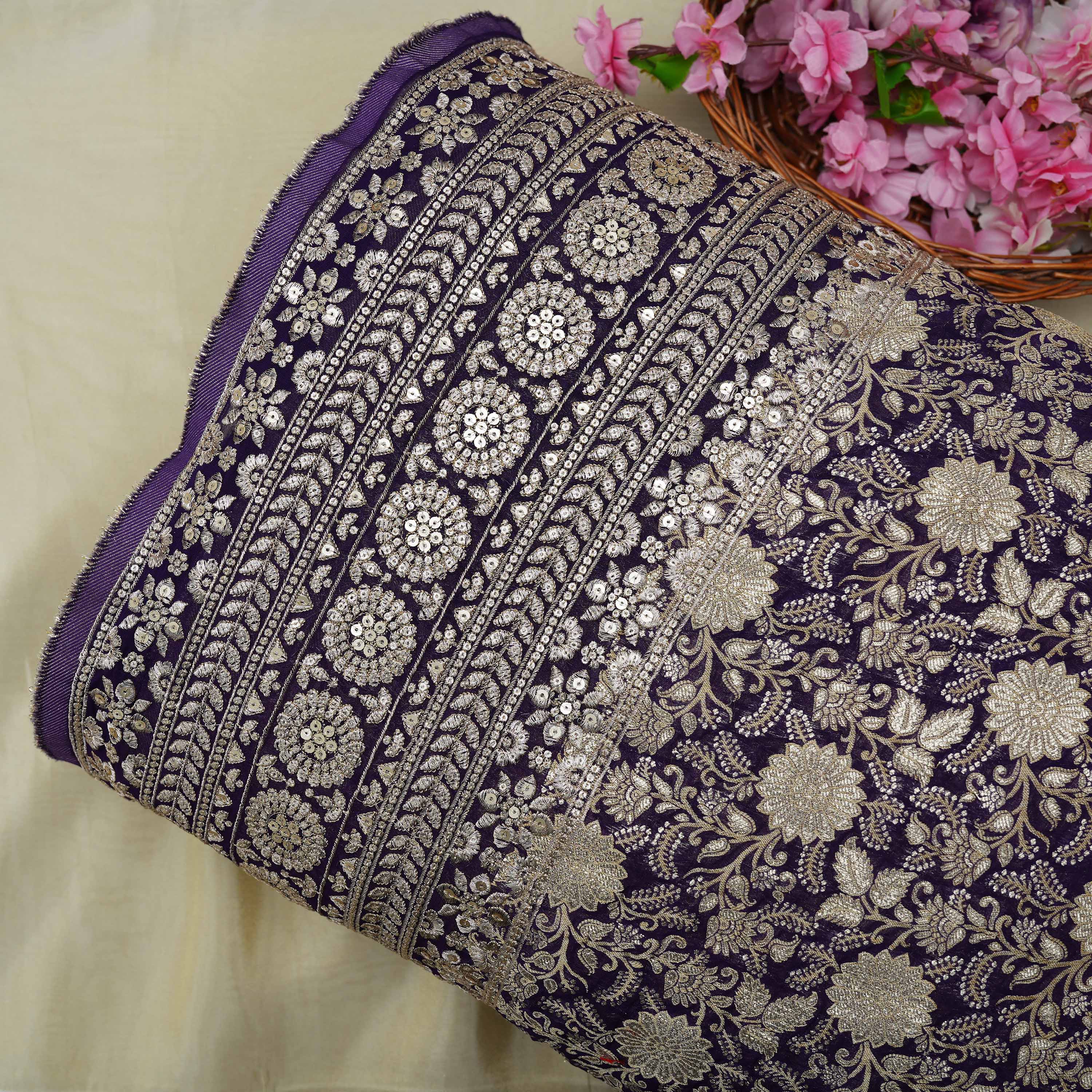 Woodsmoke Purple Floral Jaal Embroidered Georgette Fabric