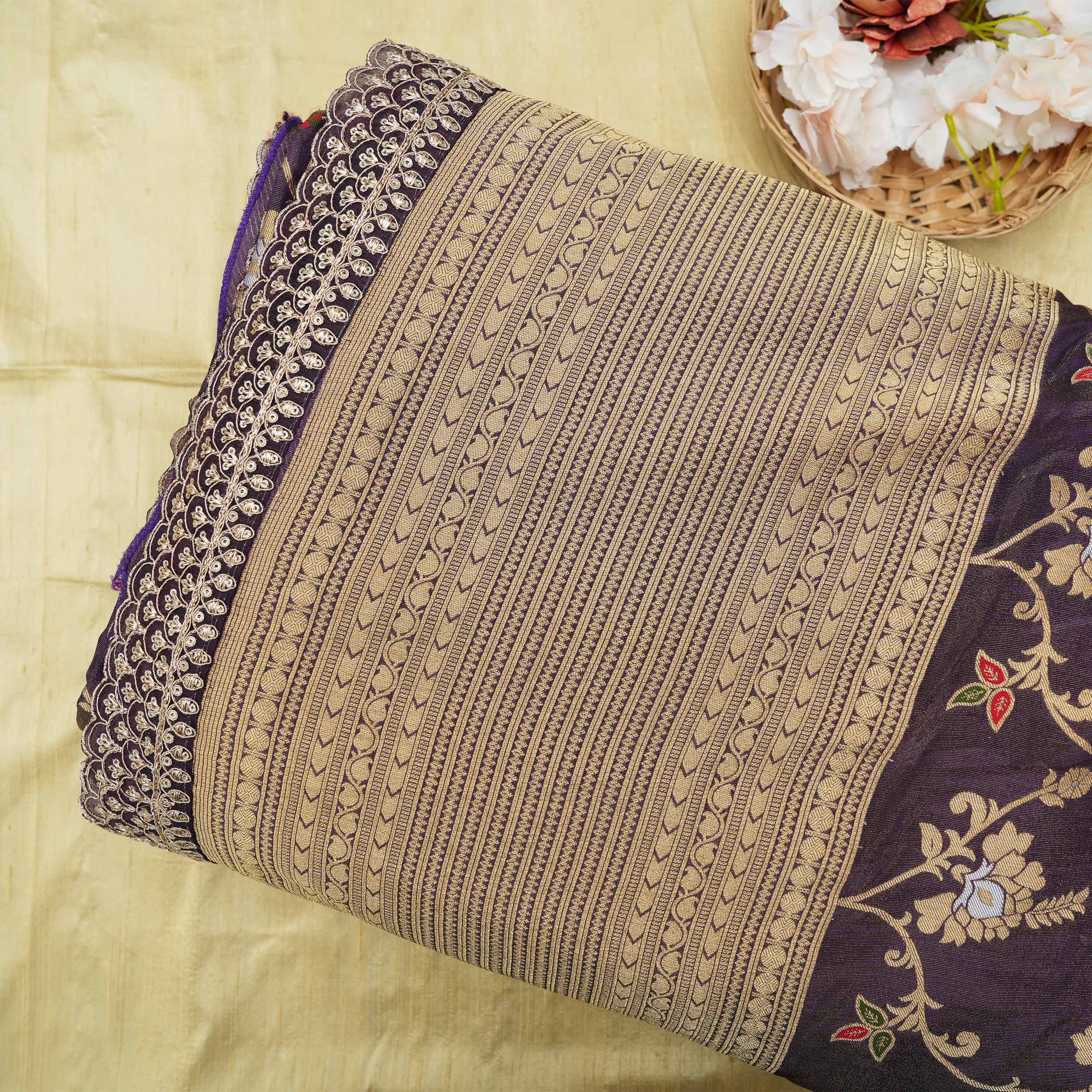 Ebony Purple Structured Floral Jaal Banarasi Tissue Fabric