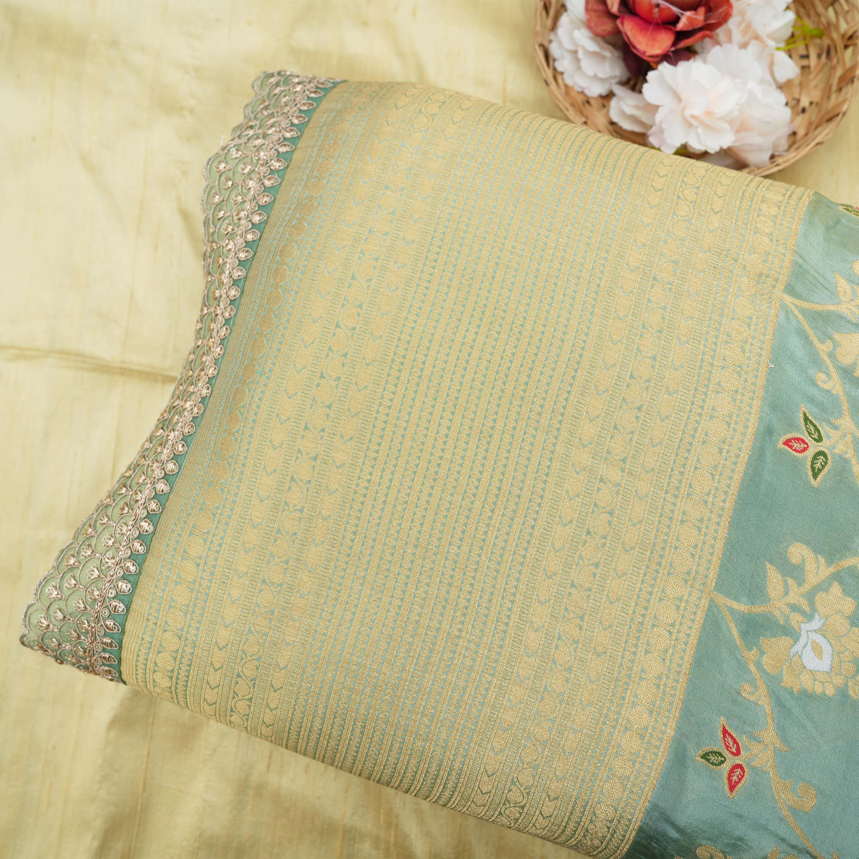 Greenish Cyan Inricate Floral Banarasi Tissue Fabric