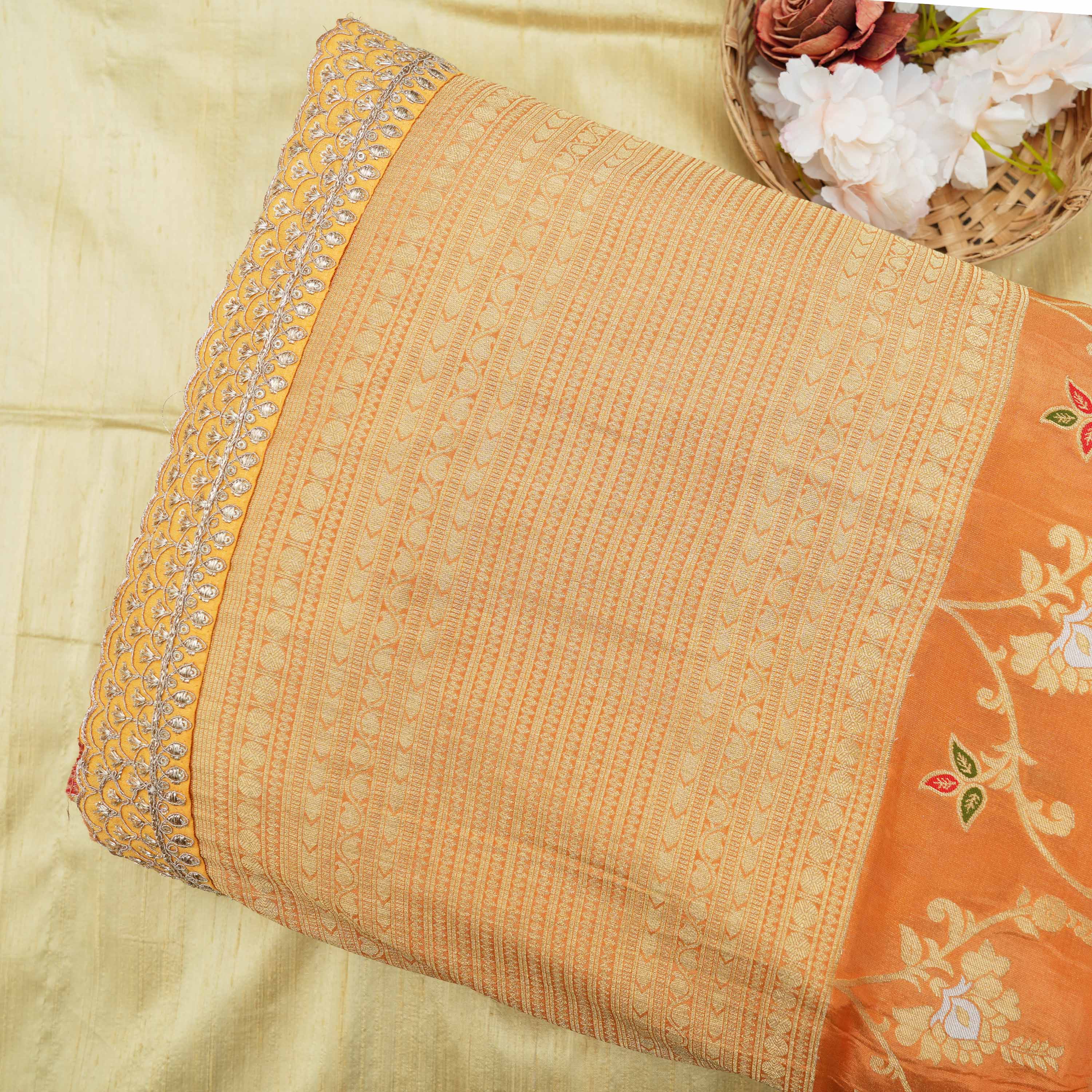 Brownish Orange Inricate Floral Banarasi Tissue Fabric