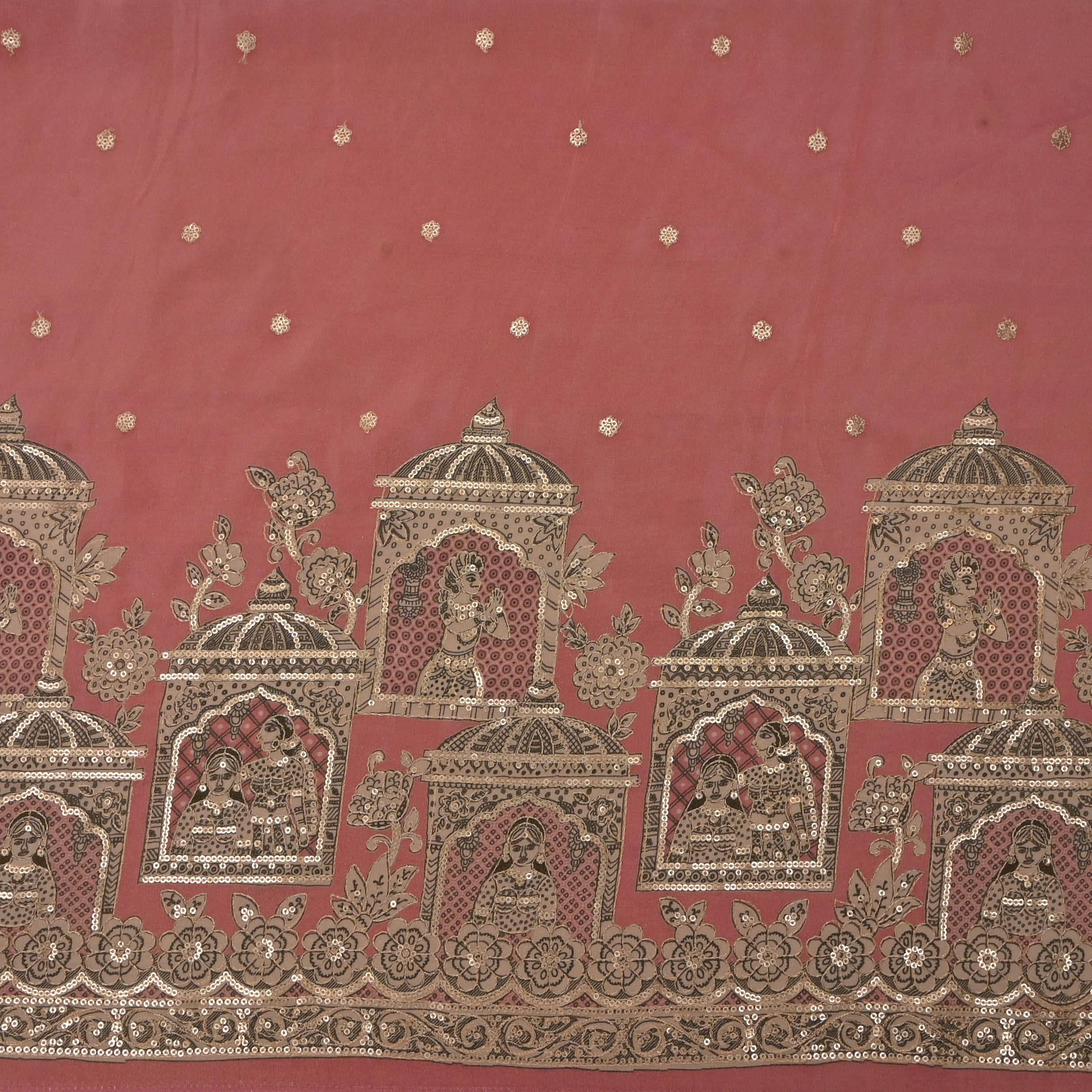 Strawberry Pink Tissue Embroidery Border Fabric