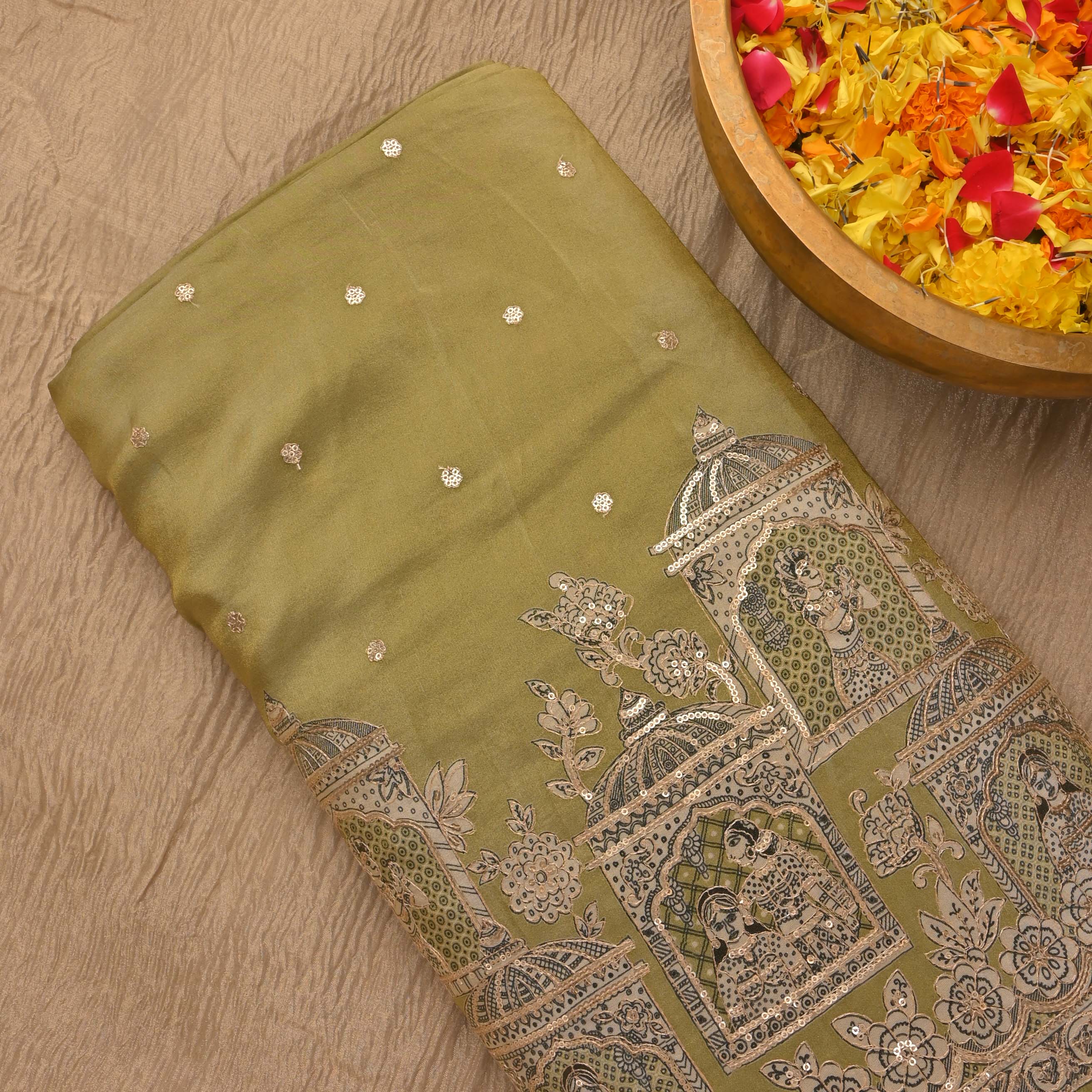 Citrus Green Tissue Embroidery Border Fabric