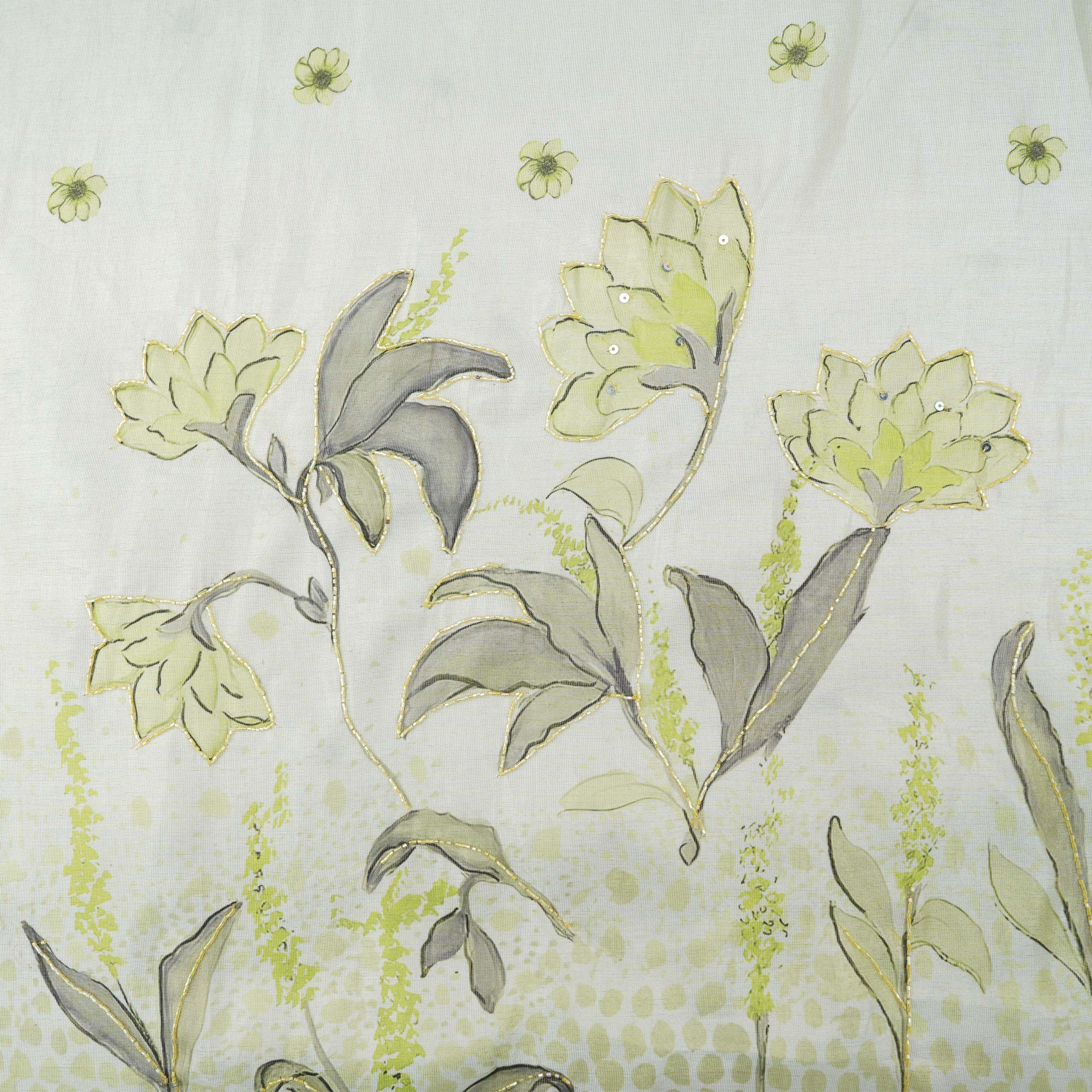 Gray Olive Yellow Multicolor Floral With Cut Beads Tissue Fabric