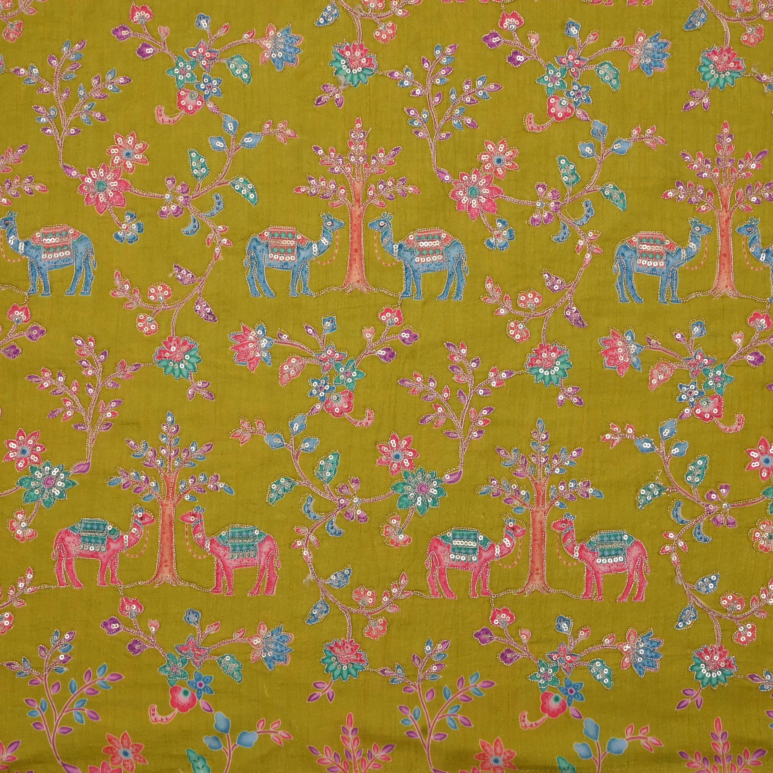 Peridot Green Silk Embroidery Jaal Fabric