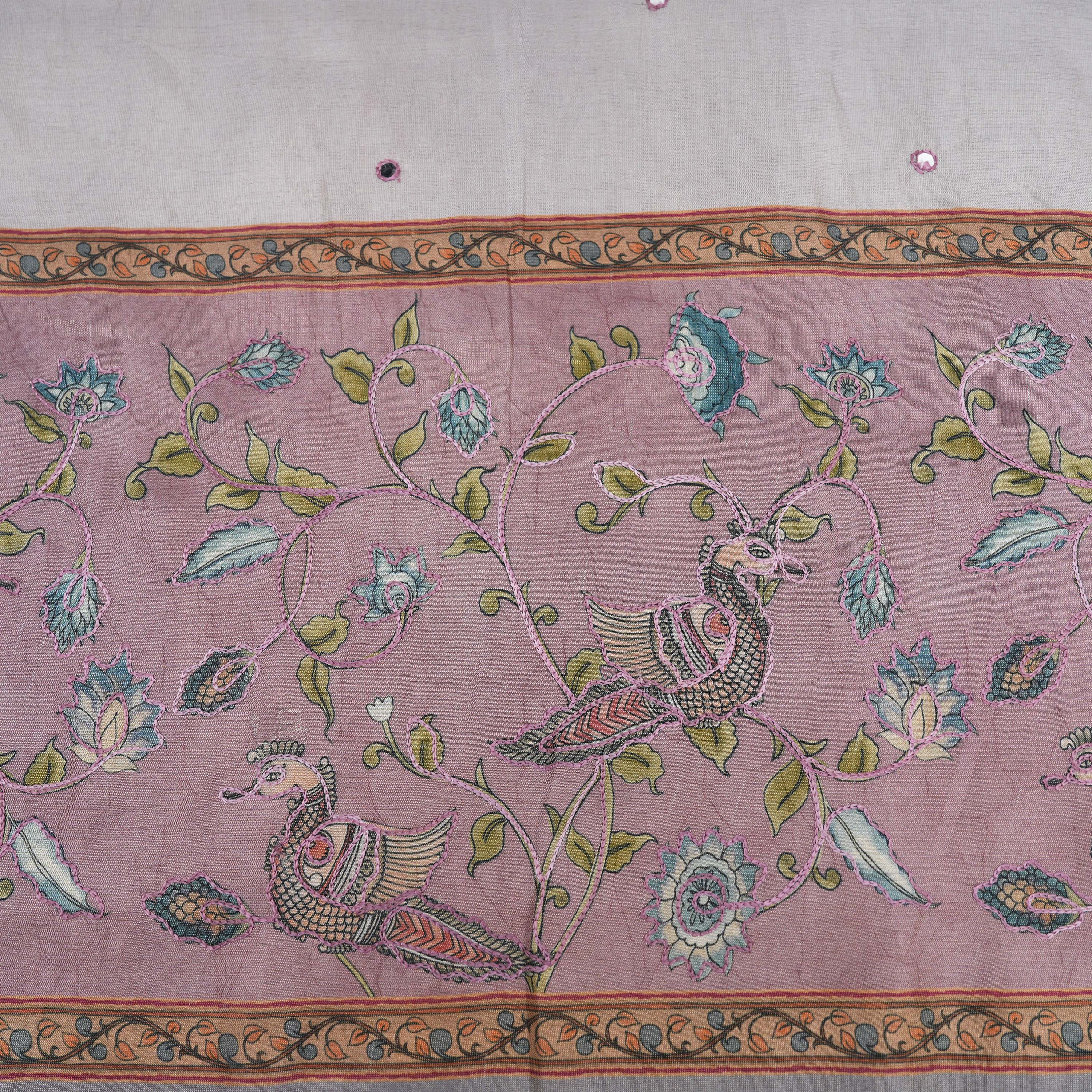 Pale Purple Floral Mayil Contrast Border Printed Tissue Fabric