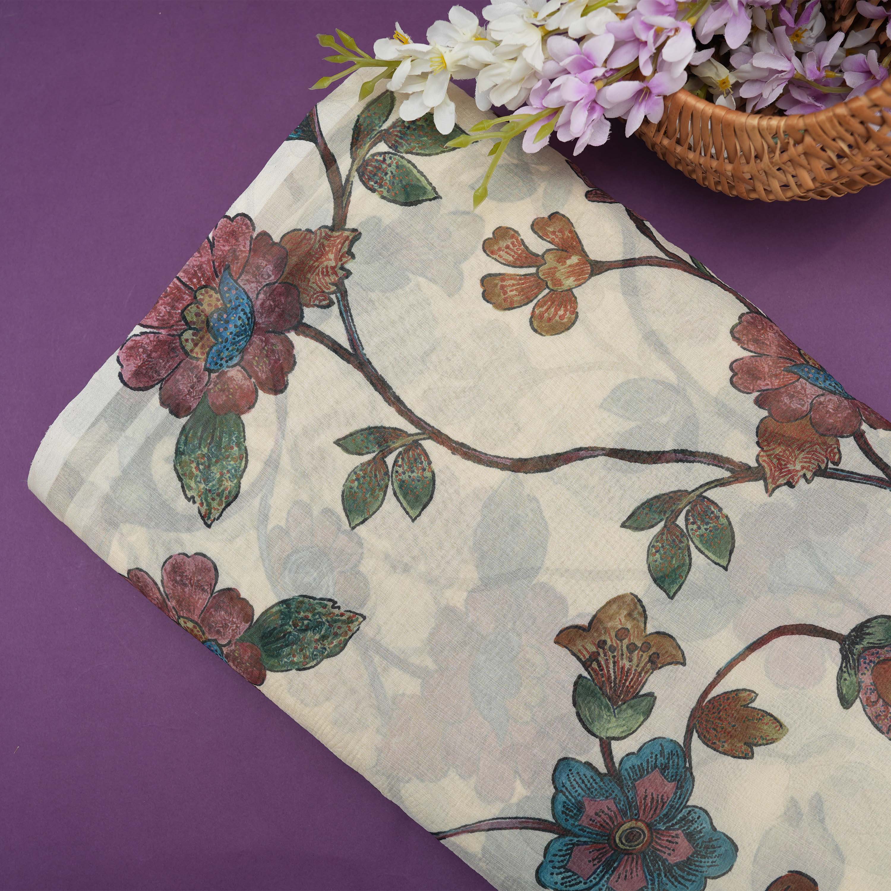 Smoke White Floral Jaal Print On Tissue Fabric