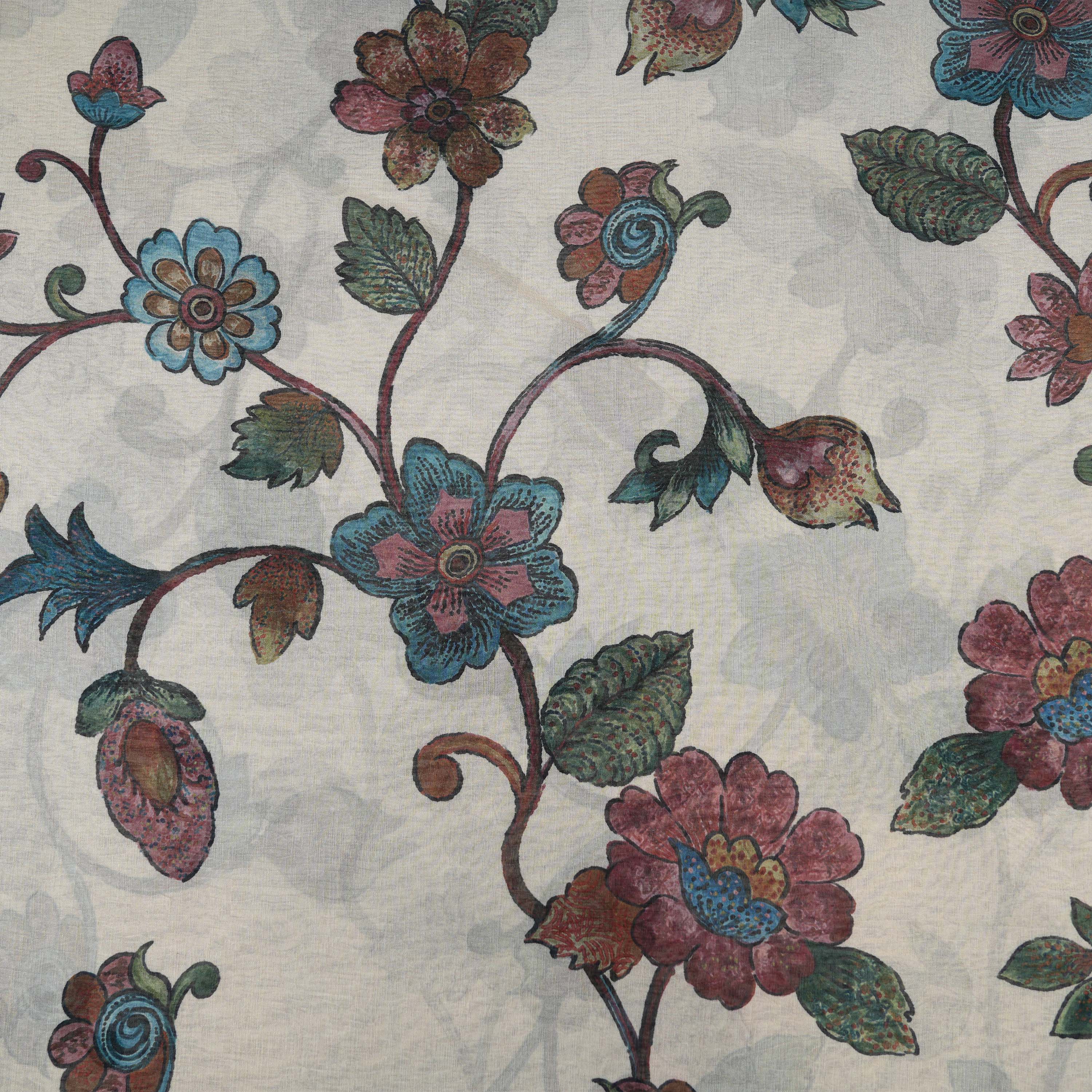 Smoke White Floral Jaal Print On Tissue Fabric
