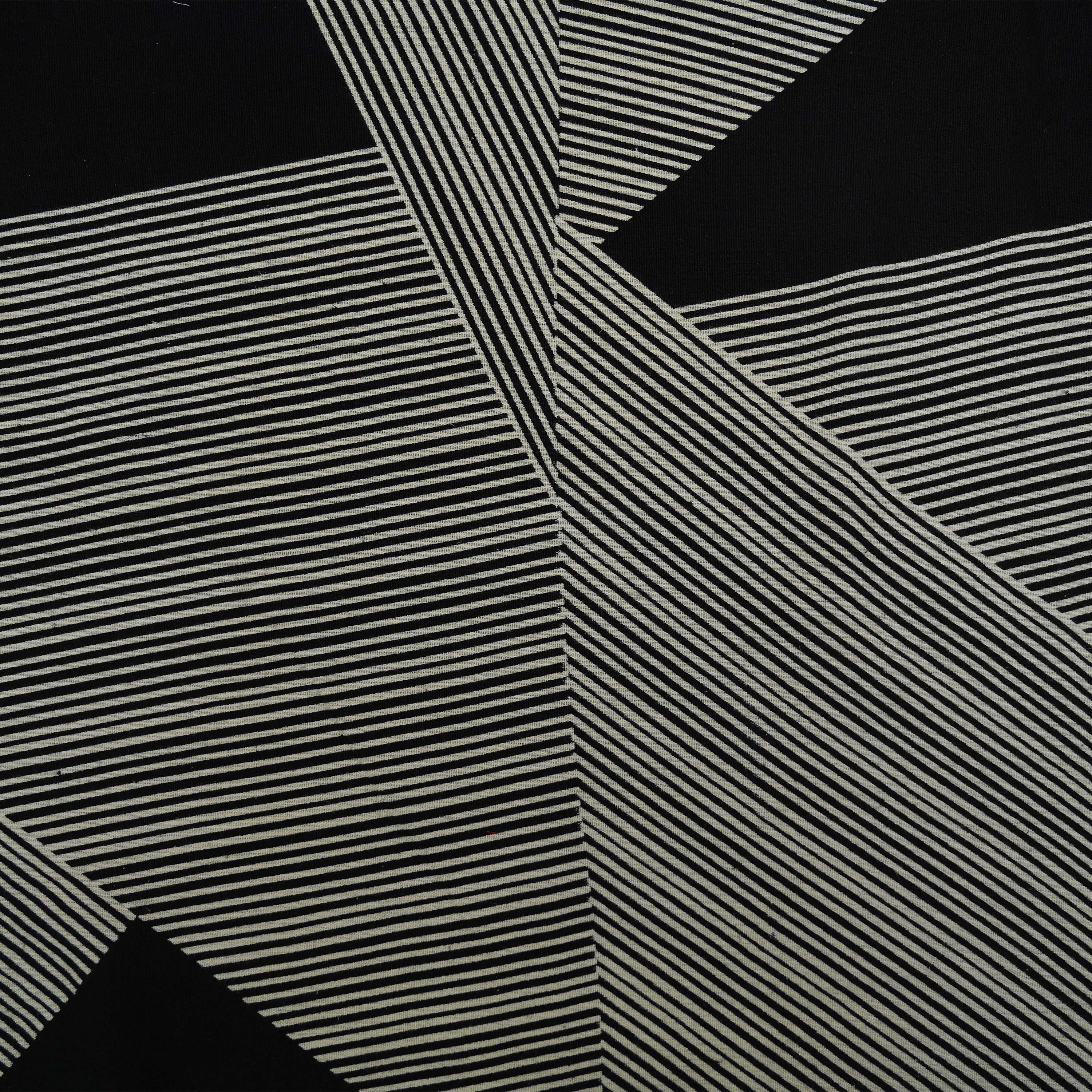 Charcoal Black Striped Geometric Printed Cotton Fabric