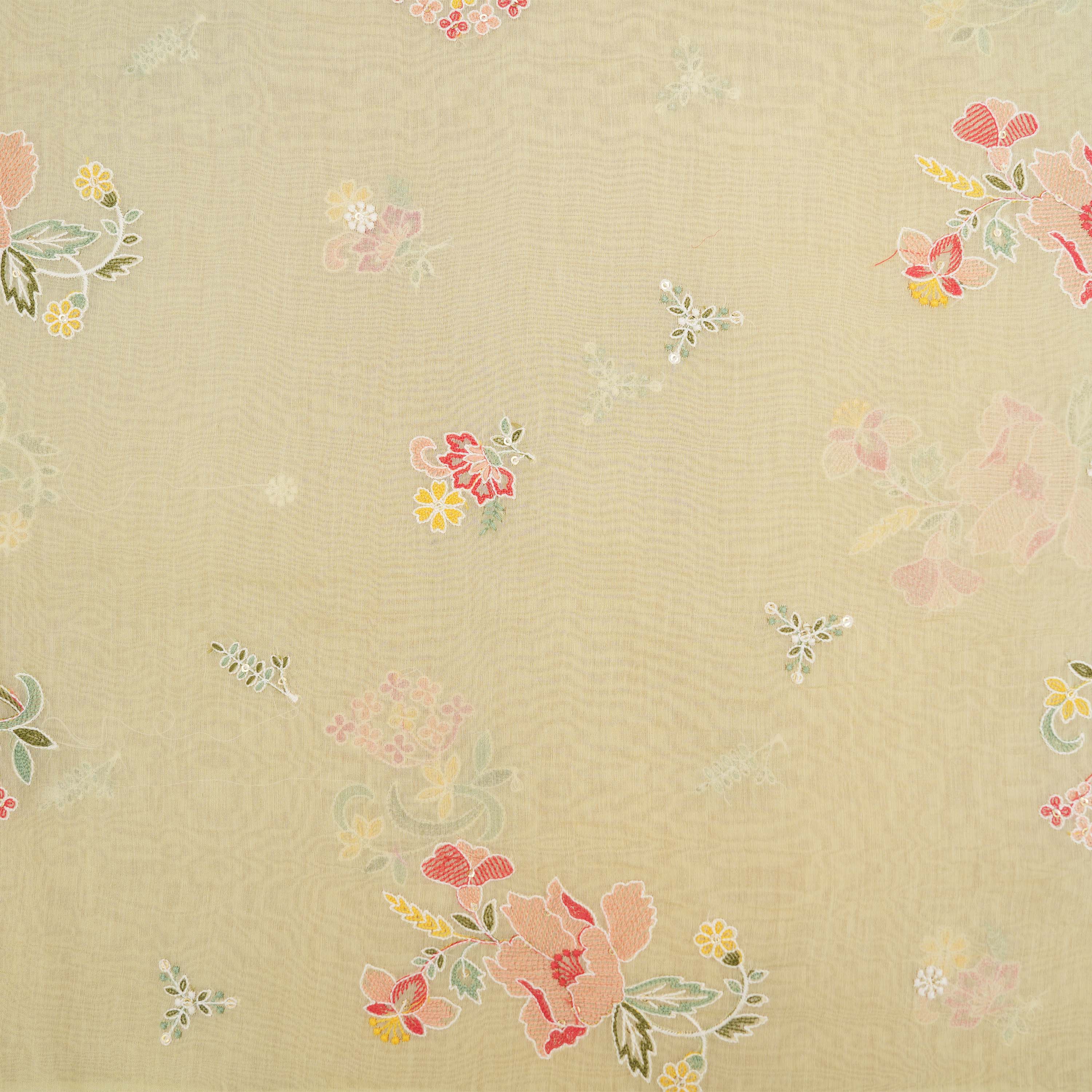 Flax Yellow Floral Embroidered Chanderi Fabric