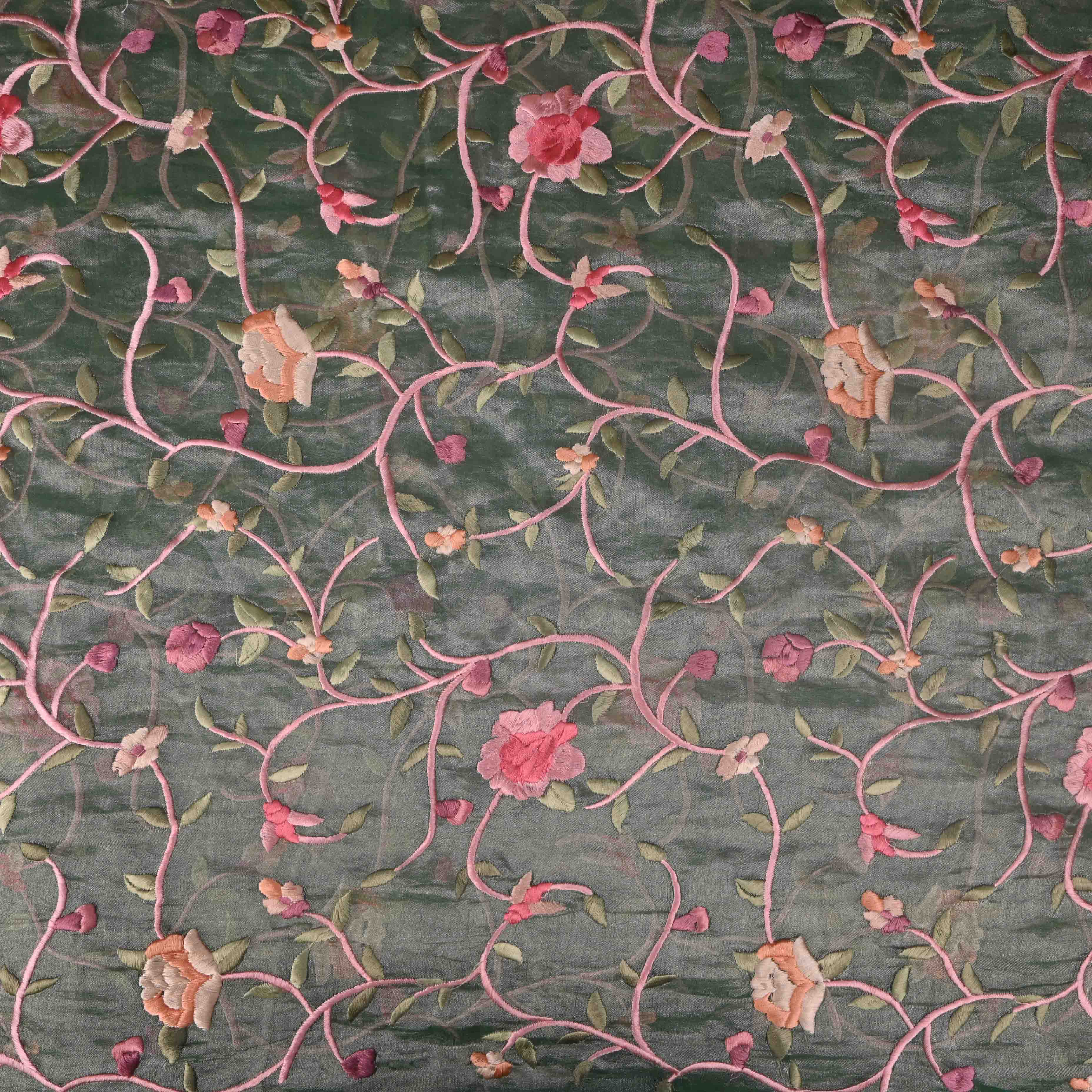 Bottle Green Thread Embroidery Tissue Fabric