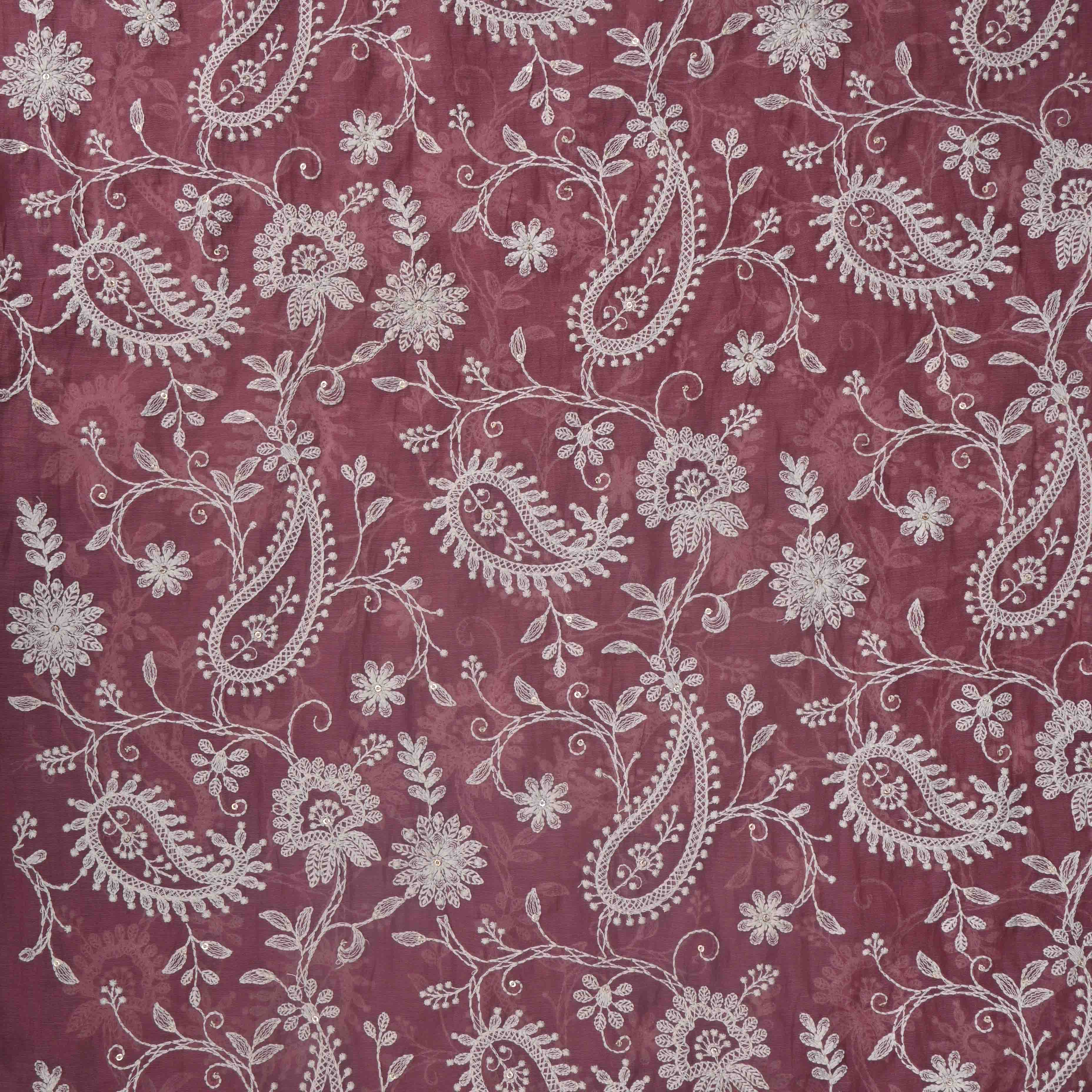 Rouge Pink Lucknowi Chanderi Fabric With Embroidery