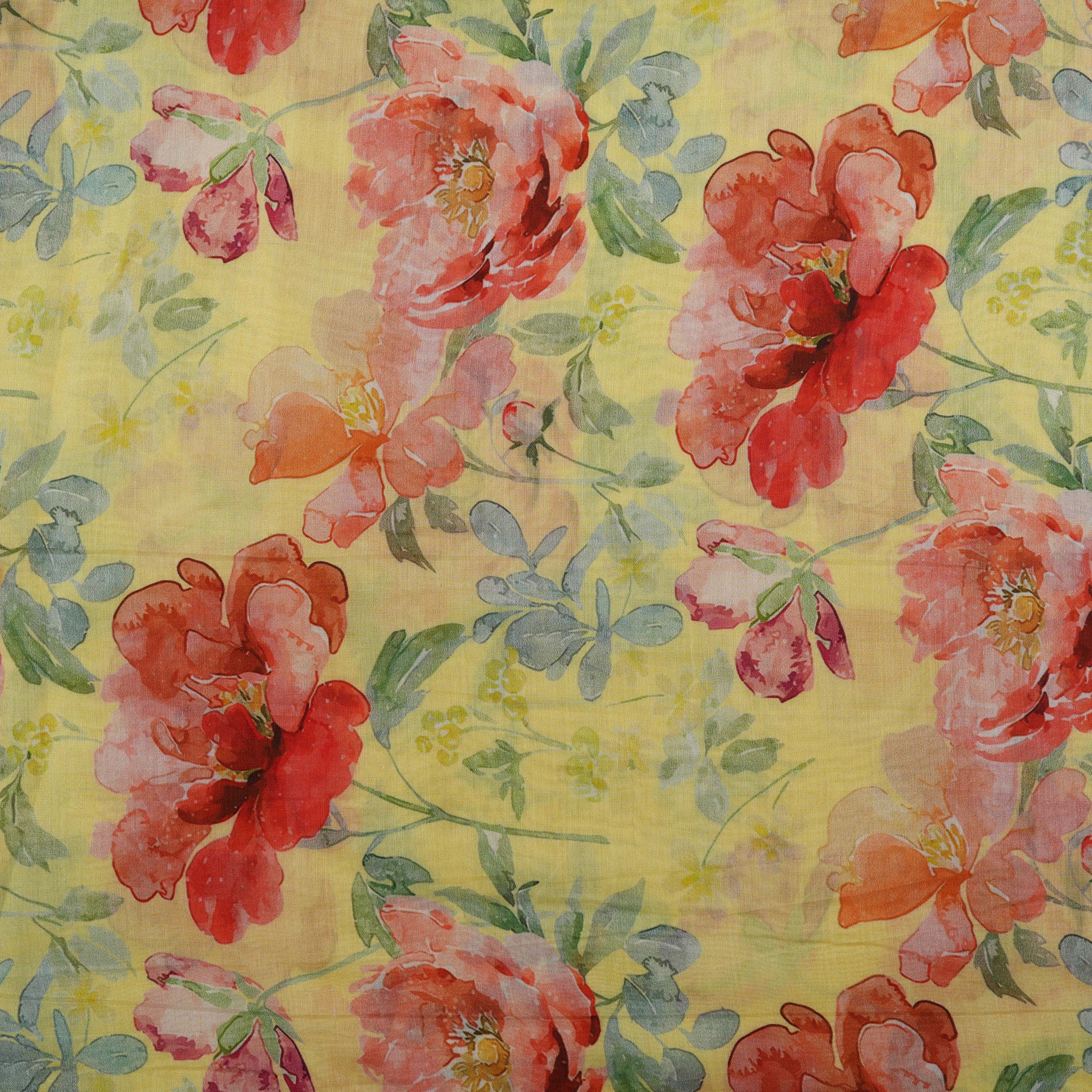 Fall Leaf Yellow Multi Color Floral Digital Point Silk Fabric