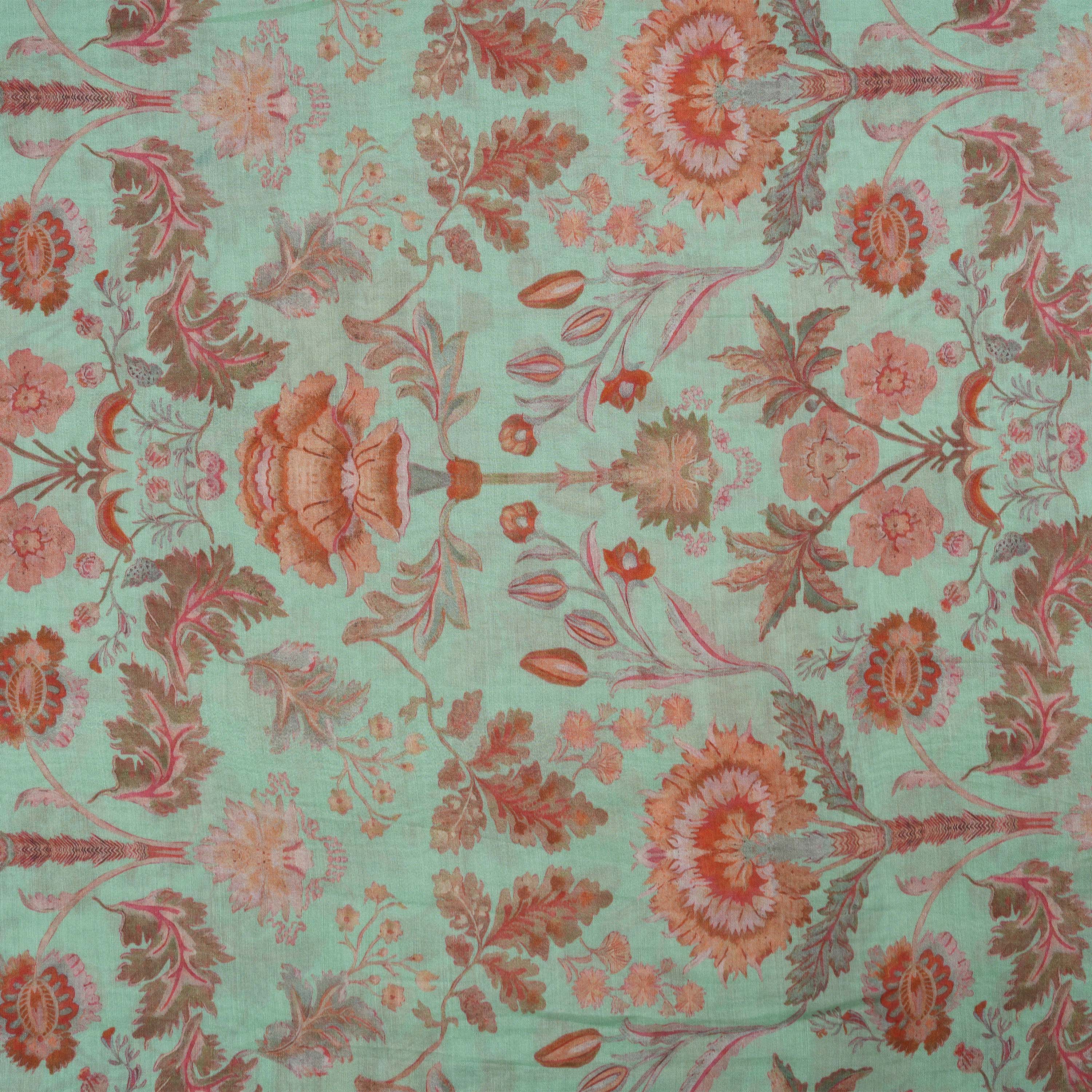 Spanish Green Intricate Multicolor Floral Printed Chanderi Fabric