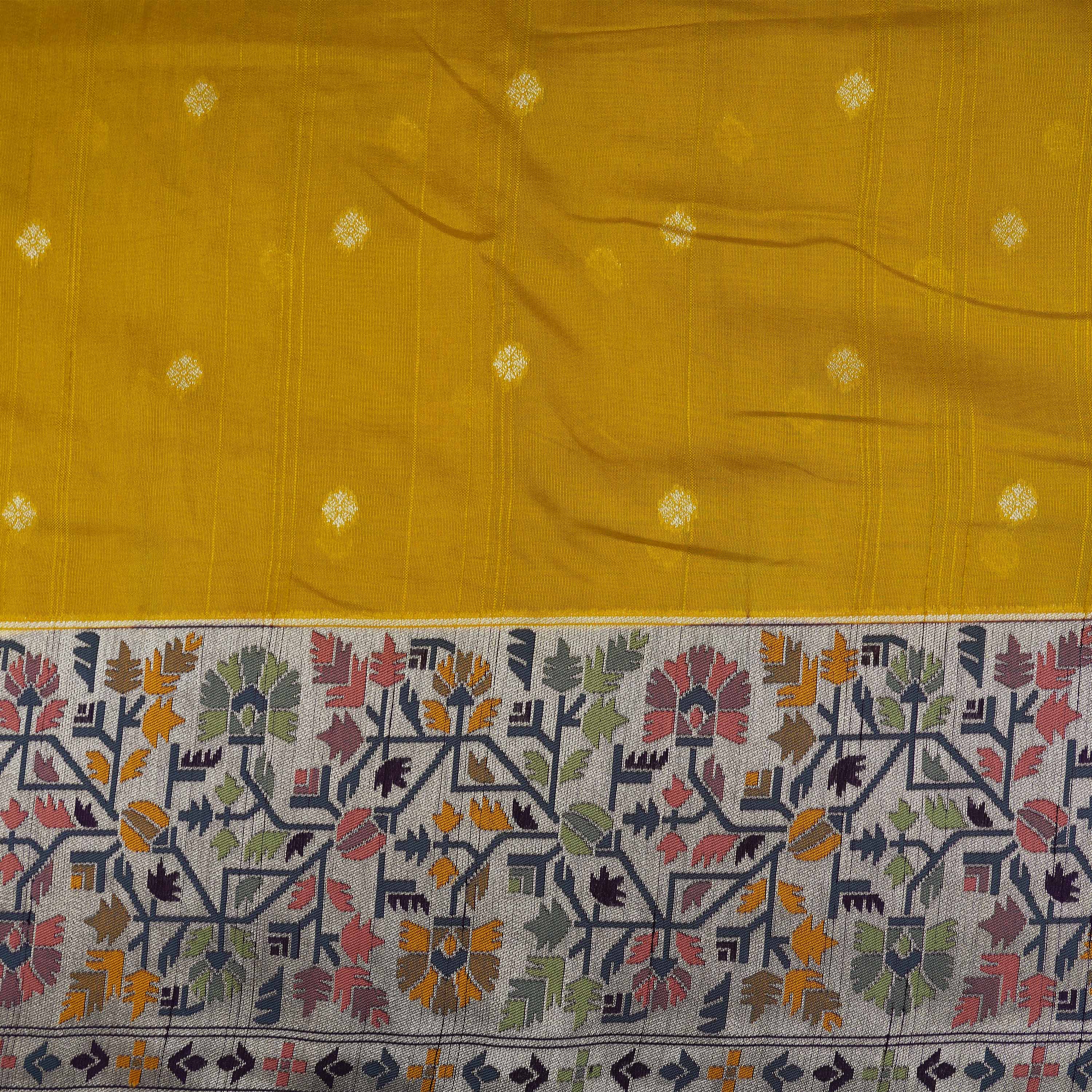 Mustard Yellow Floral Border Raw Silk Fabric