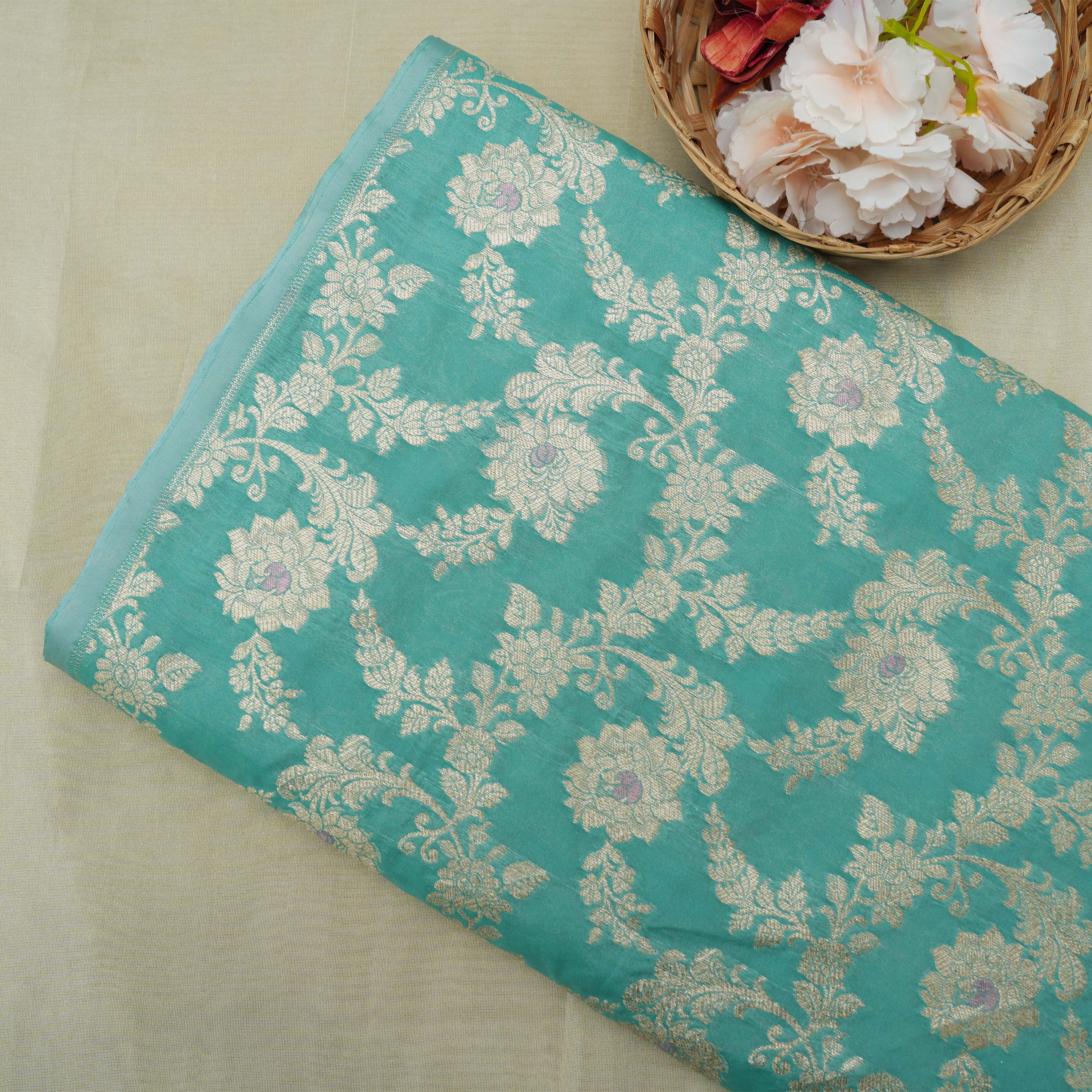 Medium Torquoise Floral Jaal With Banarasi Zari Jamwar Fabric