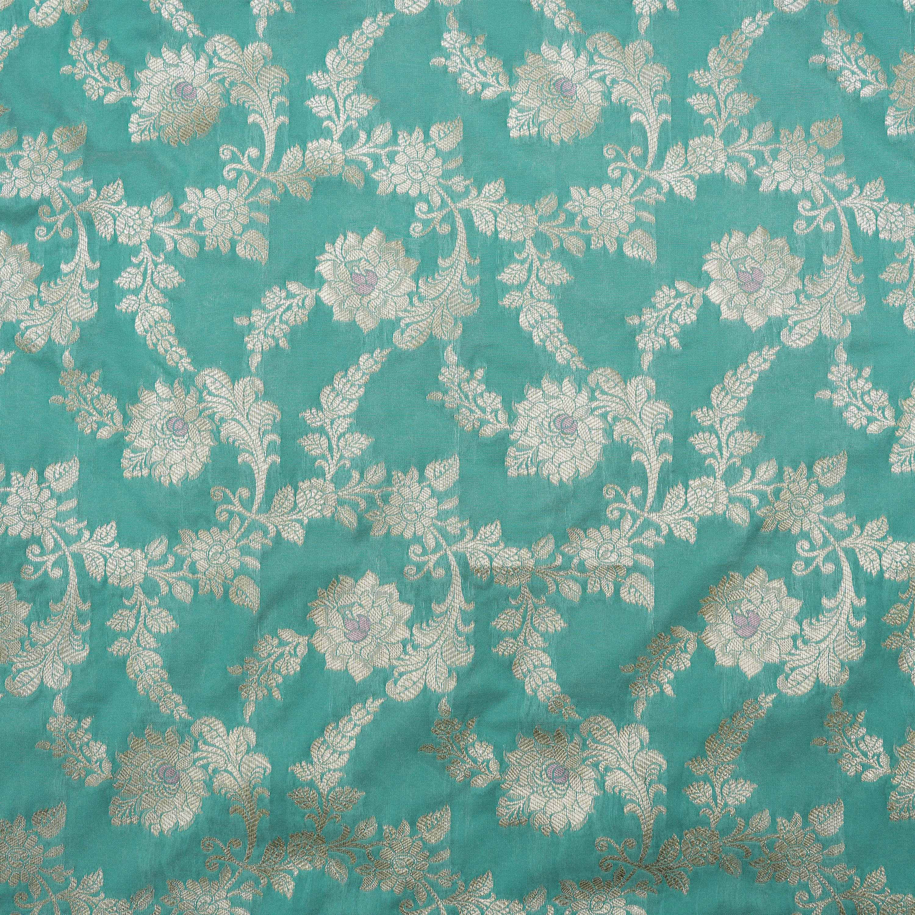 Medium Torquoise Floral Jaal With Banarasi Zari Jamwar Fabric