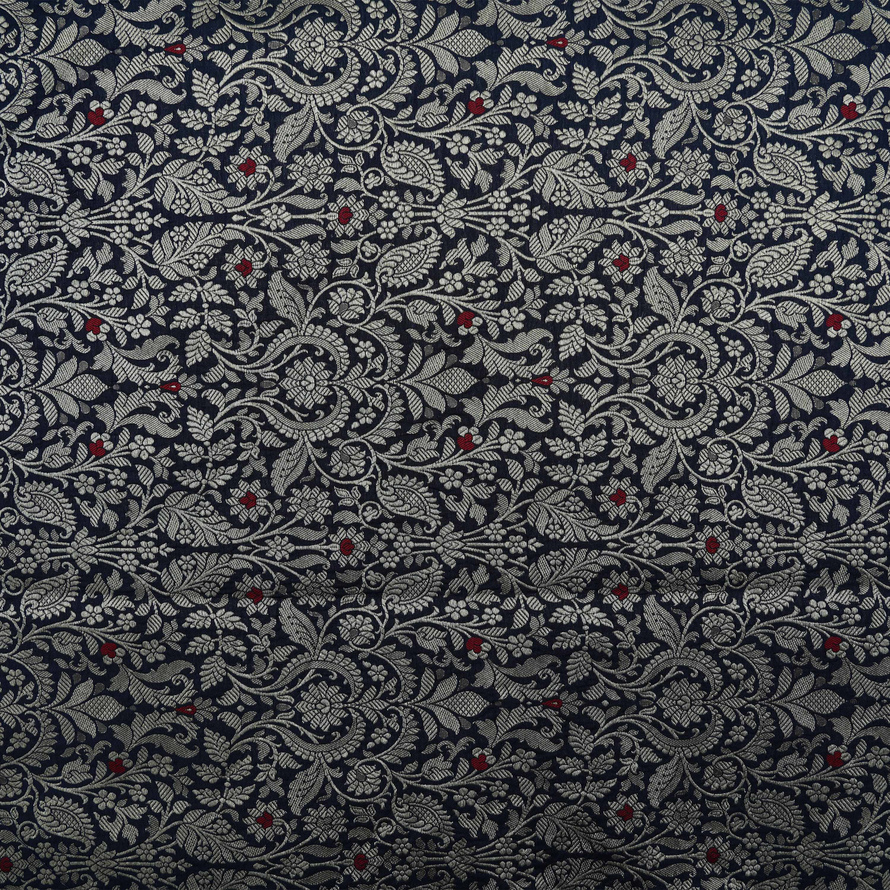 Cinder Blue Intricate Floral Jaal With Paisley Jamawar Silk Fabric