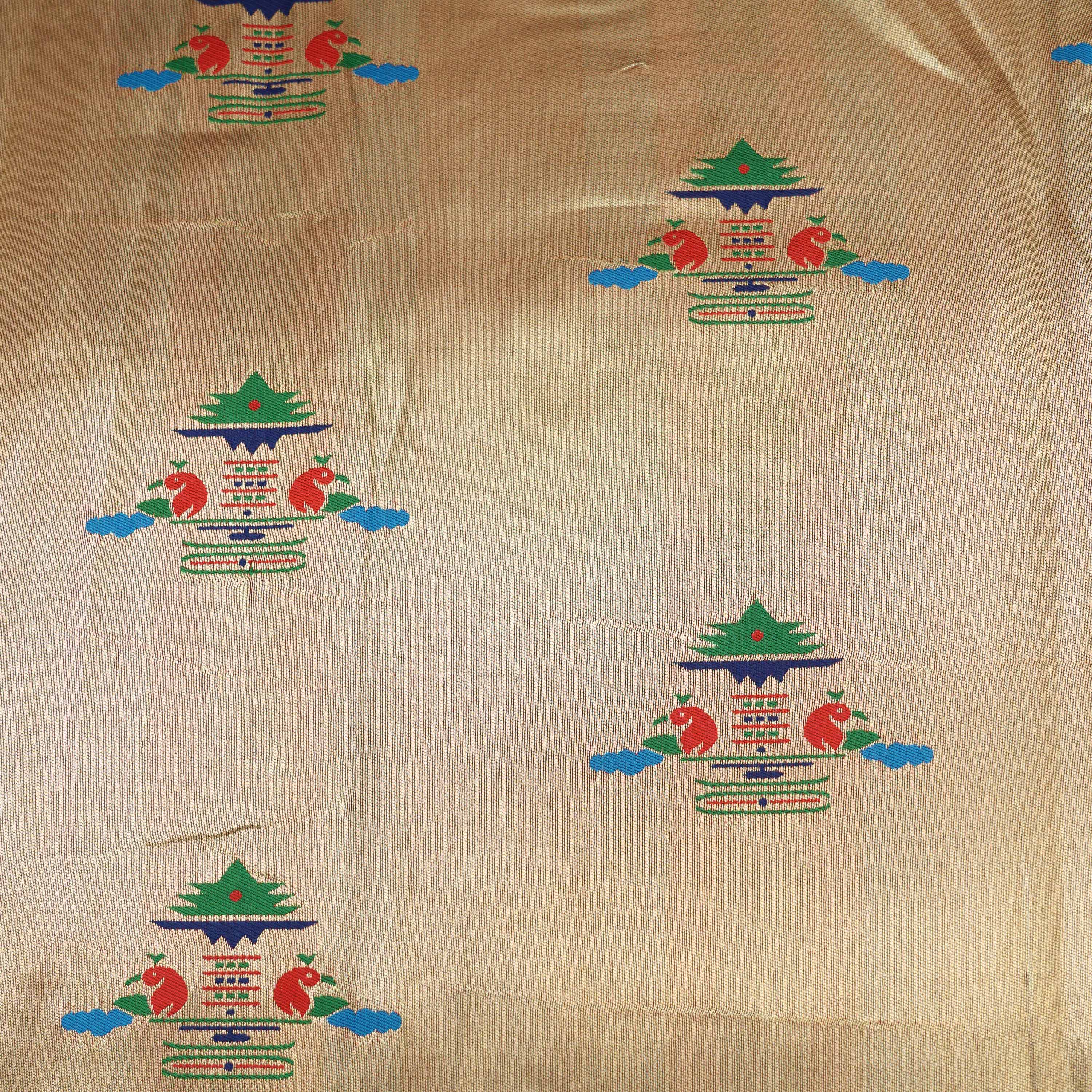 Golden Creme Pagoda Mayil Motif Tissue Fabric