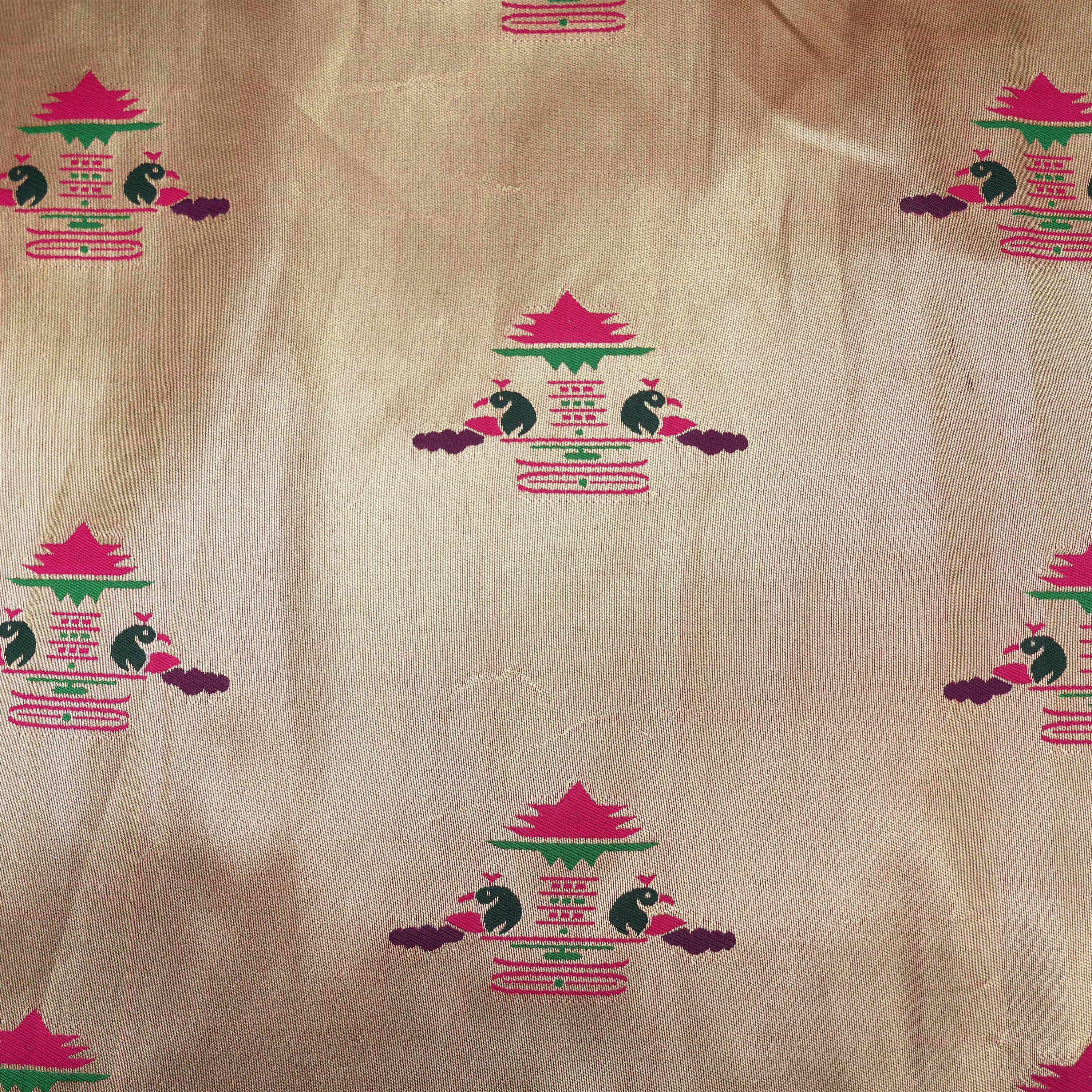 Creme Beige Pagoda Mayil Motif Tissue Fabric